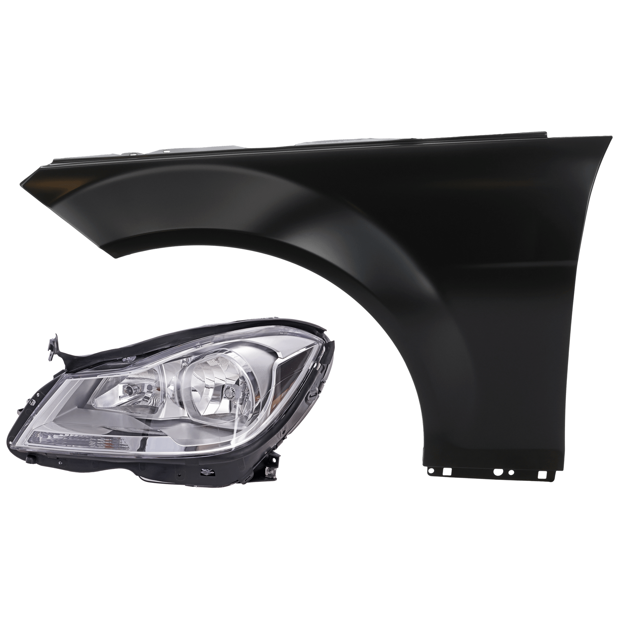 AM C CLASS 12-14 HEAD LAMP LH 2 pc Kit Assembly Halogen with Fender SKU KIT 071126-166 OEM 2048205359-2048800118 PFM