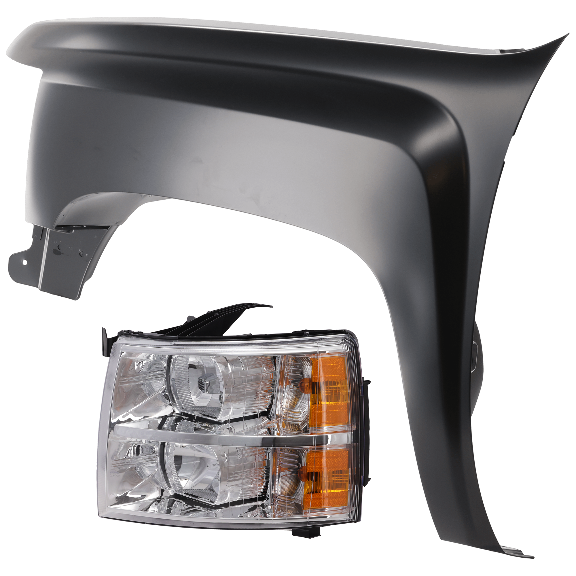 AM SILVERADO 1500-07-13 HEAD LAMP LH 2 pc Kit Assembly Halogen with Fender SKU KIT 071126-188 Partslink GM2502280 GM1240341 OEM 22853027-22977473
