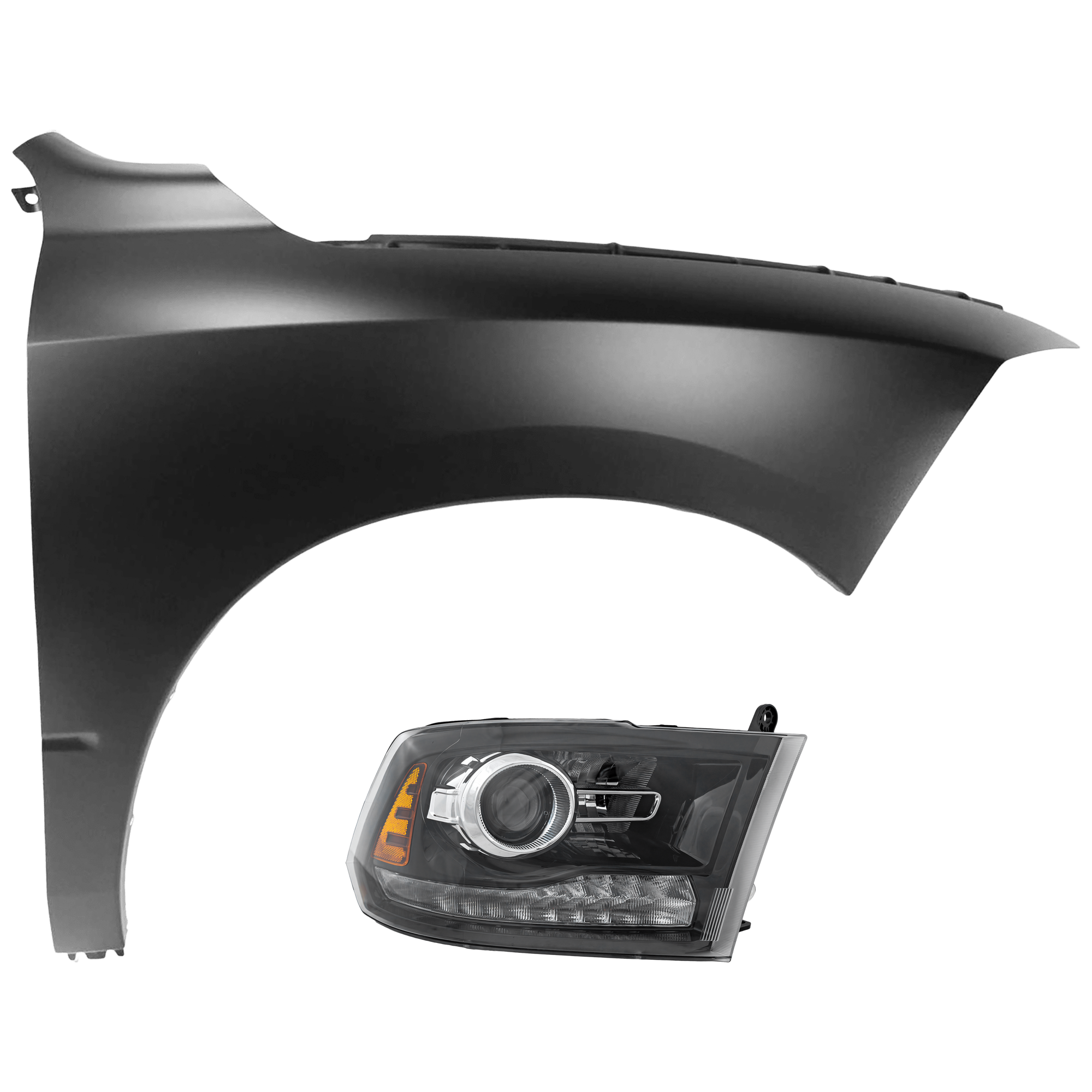AM RAM FULL SIZE PICKUP 16-18 HEAD LAMP RH 2 pc Kit Assembly HID Xenon with Fender Includes 19-24-1500 Classic SKU KIT 071126-19 Partslink CH2503289 CH1241269 OEM 68324932AD 68054338AJ 68054338