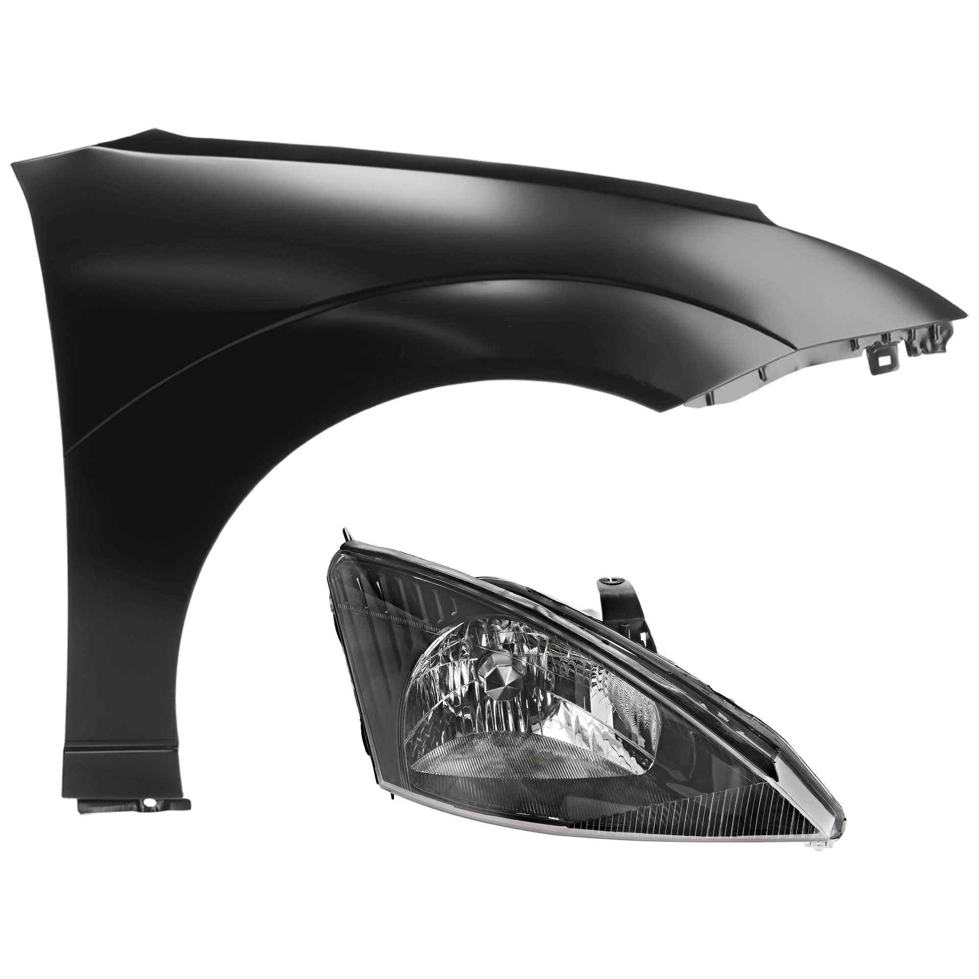 AM FOCUS 03-04 HEAD LAMP RH 2 pc Kit Assembly Halogen with Fender SKU KIT 071126-207 Partslink FO2503199 FO1241207 OEM 3S4Z13008AC YS4Z16005CA