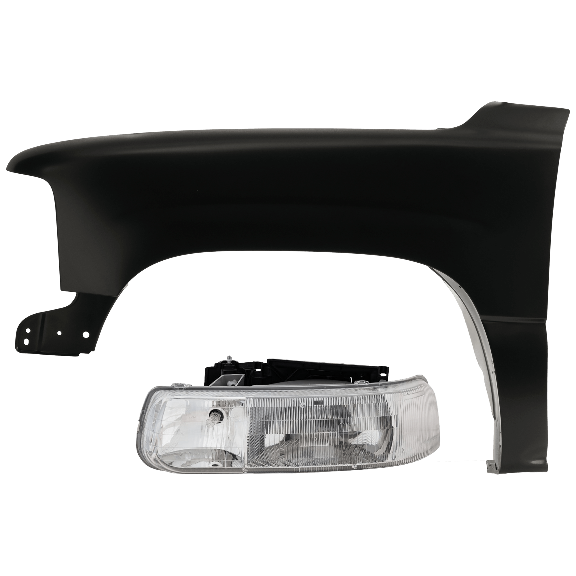 AM SILVERADO 99-02 TAHOE 00-06 HEAD LAMP LH 2 pc Kit Assembly Halogen with Fender SKU KIT 071126-283 Partslink GM2502187 GM1240267 OEM 16526133-19168844