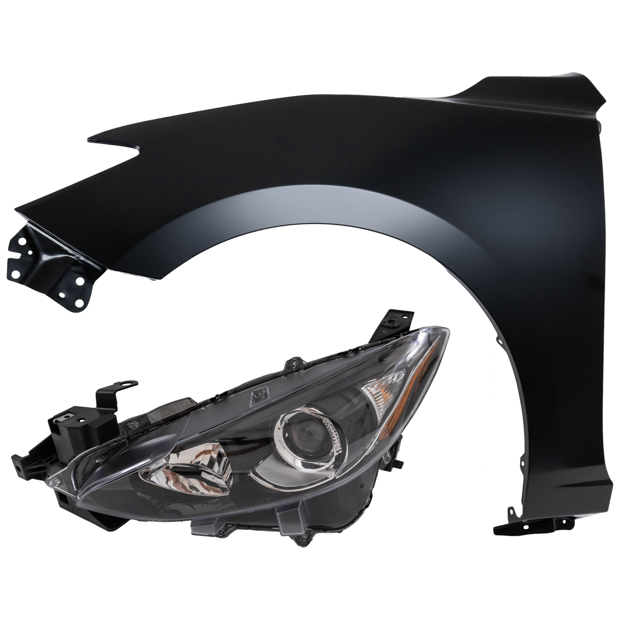 AM MAZDA 3-3 SPORT 14-16 HEAD LAMP LH 2 pc Kit Assembly Halogen with Fender CAPA SKU KIT 071126-284 Partslink MA2502144C MA1240172C OEM BPW1510L0 BJS752211
