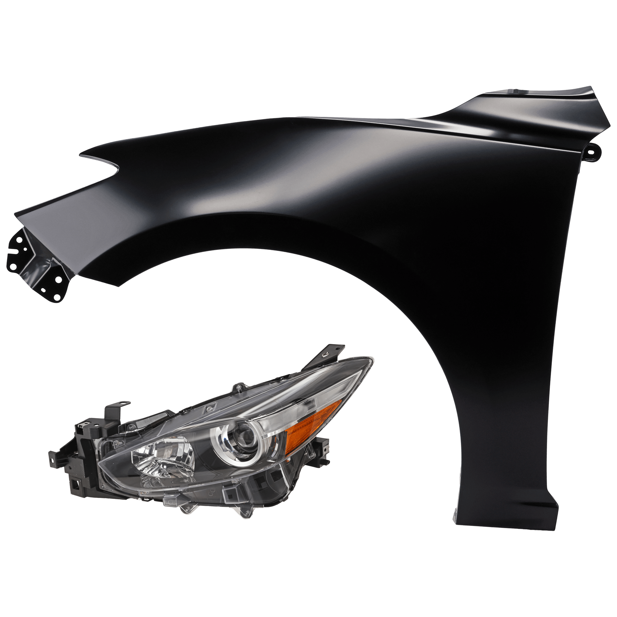 AM MAZDA 3-17-18 HEAD LAMP LH 2 pc Kit Lens and Housing Halogen with Fender SKU KIT 071126-288 Partslink MA1240172 OEM BABF510L0D PFM BJS752211