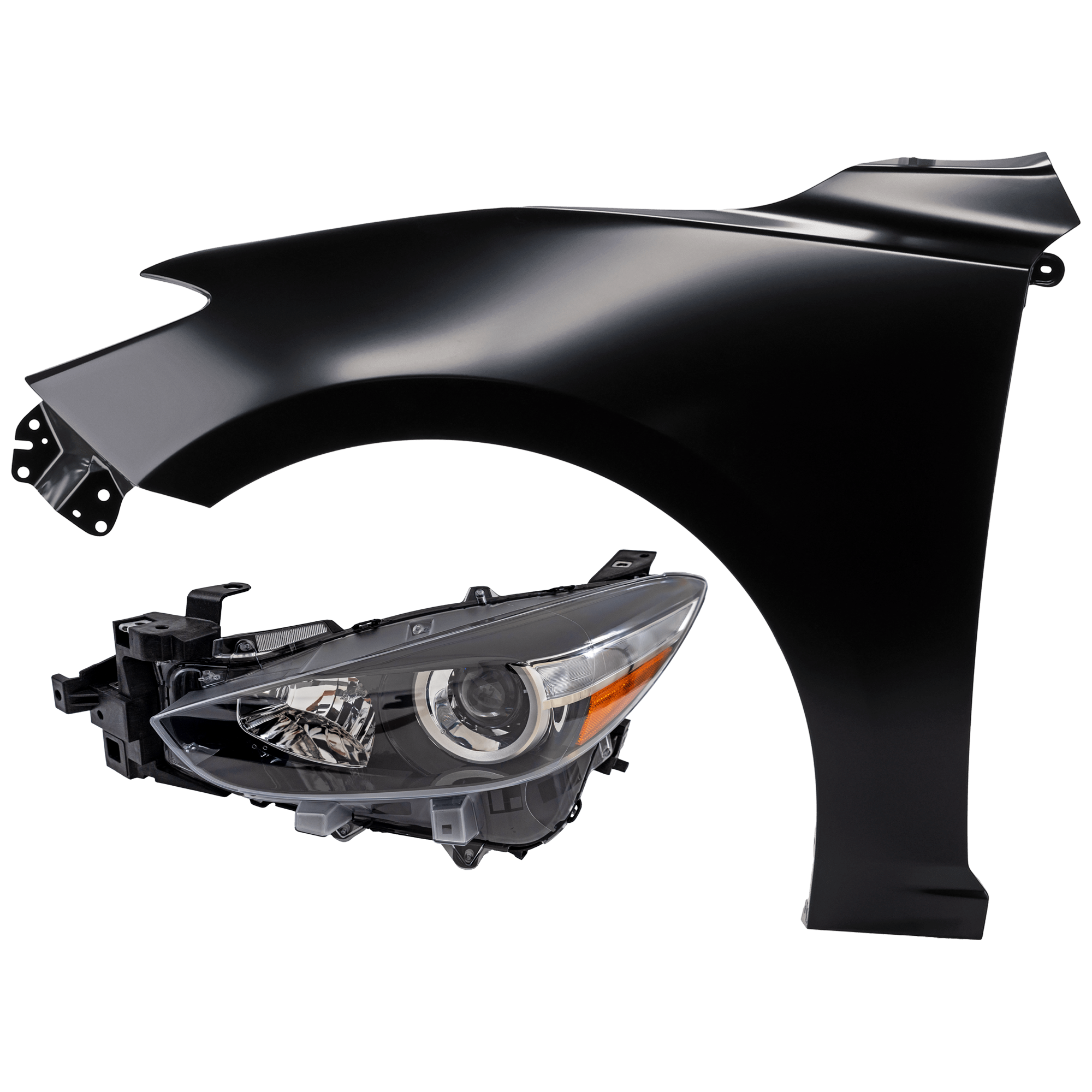 AM MAZDA 3-17-18-3 SPORT 17-17 HEAD LAMP LH 2 pc Kit Assembly Halogen with Fender SKU KIT 071126-289 Partslink MA1240172 OEM BACS510L0D PFM BJS752211