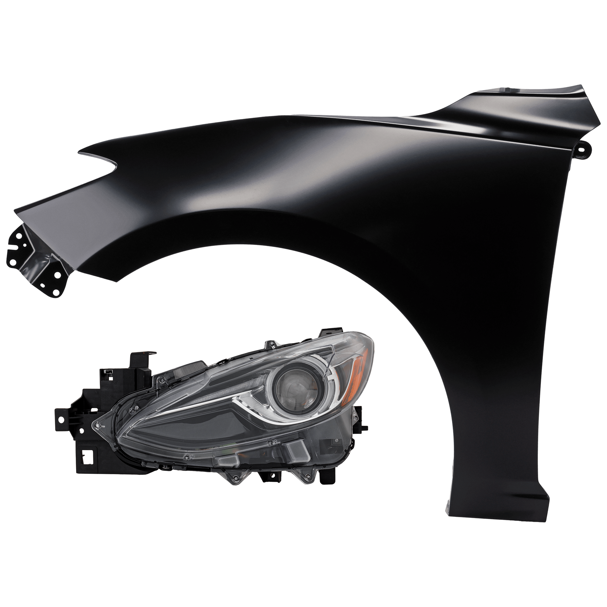 AM MAZDA 3-14-18-3 SPORT 14-17 HEAD LAMP LH 2 pc Kit Lens and Housing HID Xenon with Fender SKU KIT 071126-290 Partslink MA2502145 MA1240172 OEM BHN251041B BJS752211