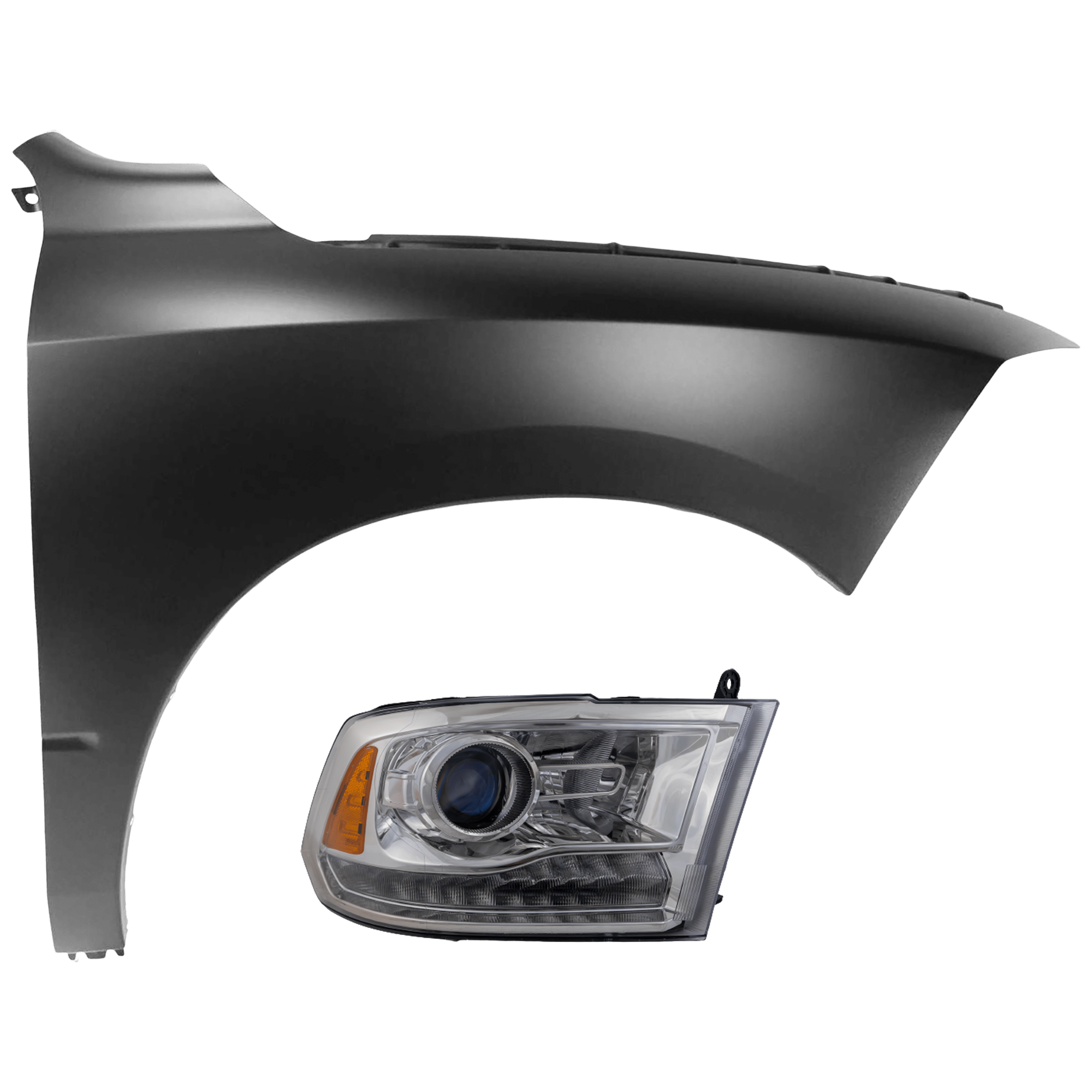 AM RAM FULL SIZE PICKUP 16-18 HEAD LAMP RH 2 pc Kit Assembly HID Xenon with Fender Includes 19-22-1500 Classic CAPA SKU KIT 071126-299 Partslink CH2503290C CH1241269C OEM 68324940AD 68054338AJ 68054338