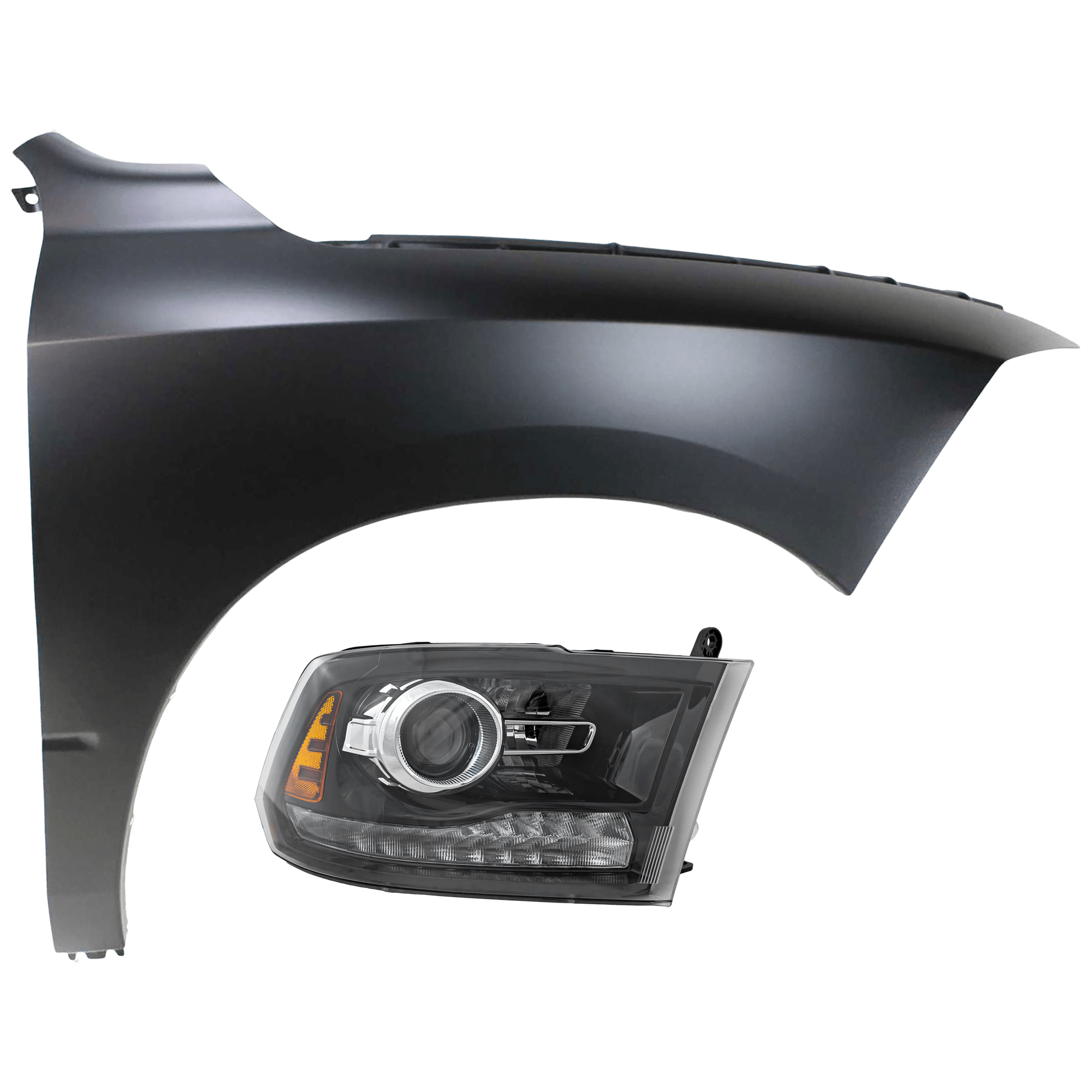 AM RAM FULL SIZE PICKUP 16-18 HEAD LAMP RH 2 pc Kit Assembly HID Xenon with Fender Includes 19-24-1500 Classic CAPA SKU KIT 071126-300 Partslink CH2503289C CH1241269C OEM 68324932AD 68054338AJ 68054338