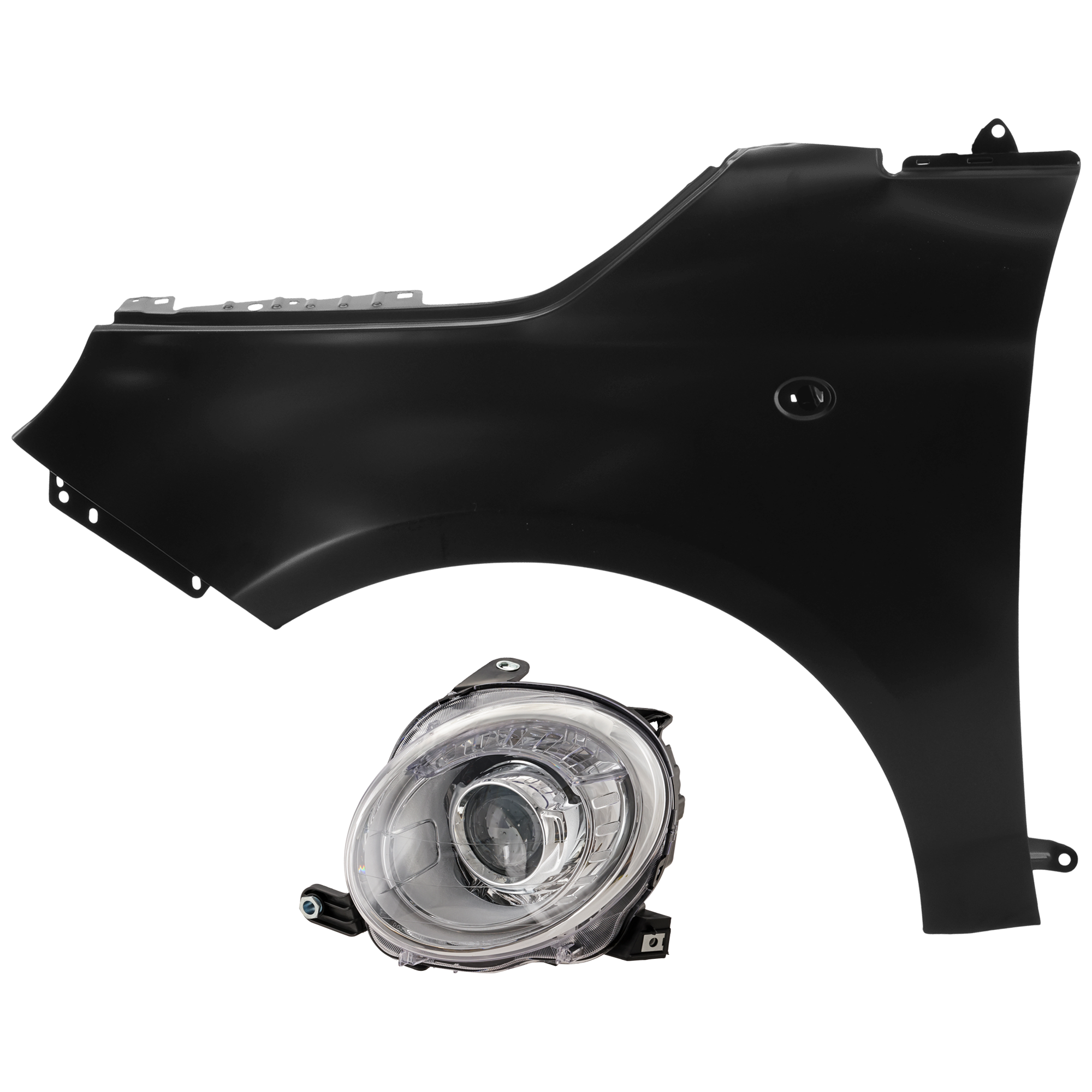AM FIAT 500-12-19 HEAD LAMP LH 2 pc Kit Assembly Halogen with Fender SKU KIT 071126-323 Partslink FI2502100 FI1240100 OEM 5182429AE 68070509AC