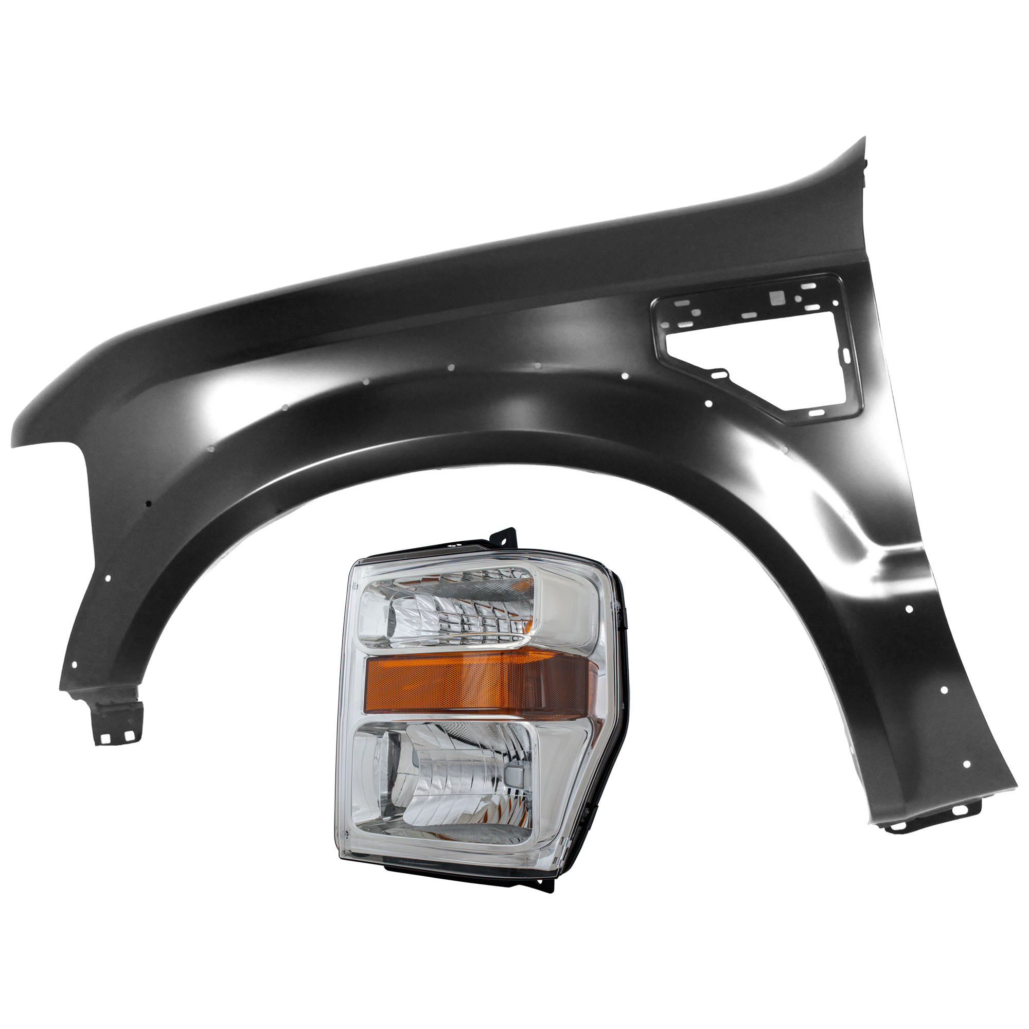 AM F 450 F 550 SUPER DUTY 08-10 HEAD LAMP LH 2 pc Kit Assembly Halogen with Fender SKU KIT 071126-32 Partslink FO2502243 FO1240260 OEM 7C3Z13008BA 7C3Z16006B