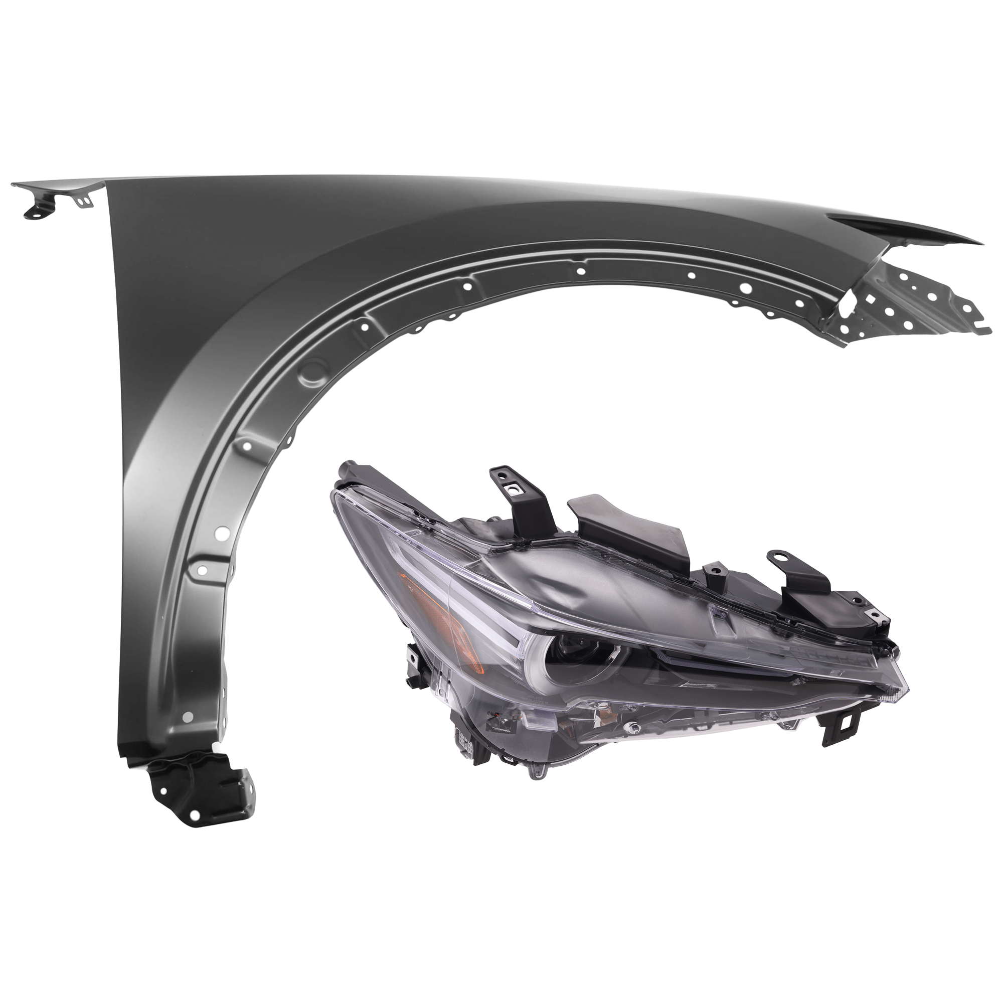 AM CX 5-20-21 HEAD LAMP RH 2 pc Kit Assembly LED with Fender SKU KIT 071126-335 Partslink MA2503157 MA1241179 OEM KL2L51031E KB7W52111
