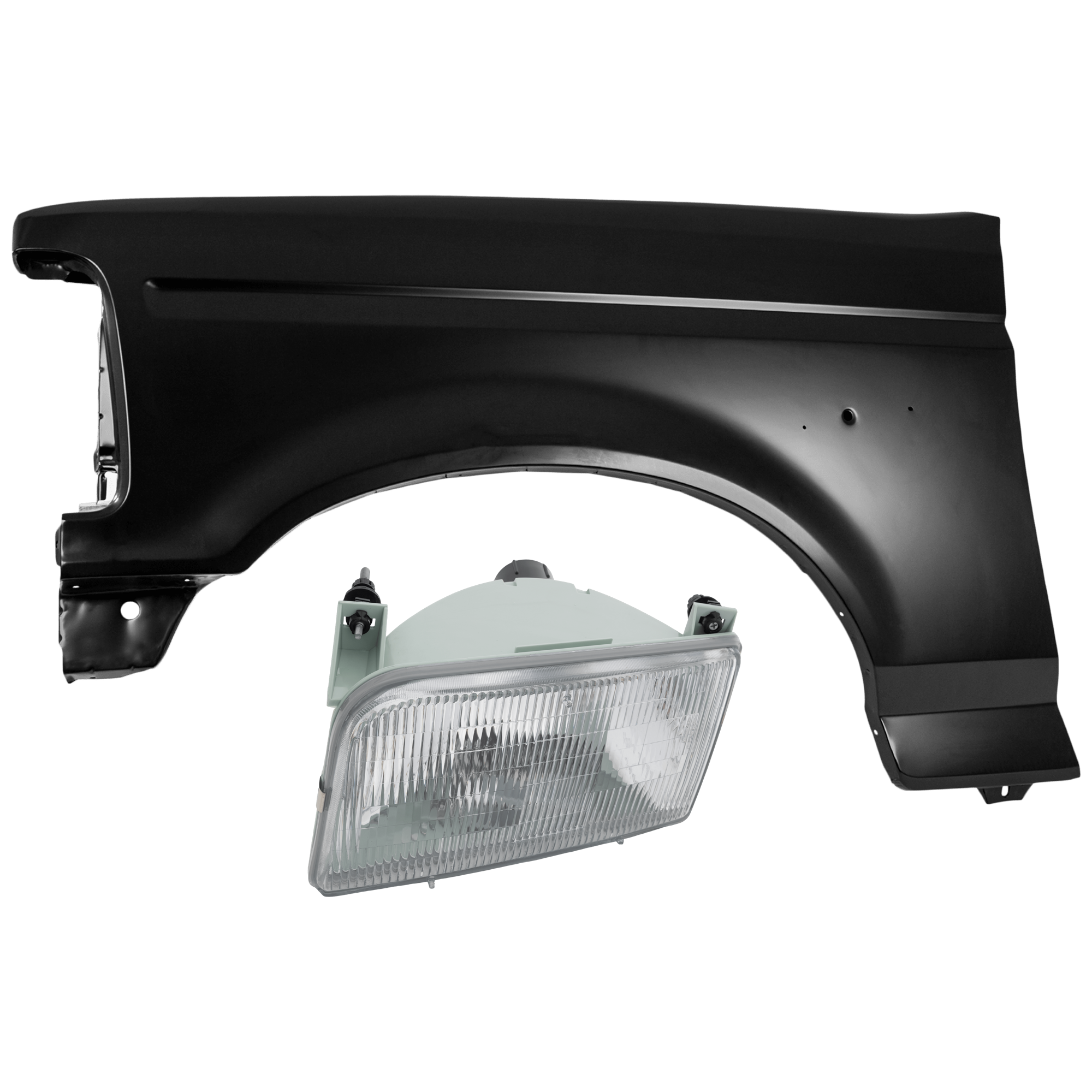 AM F SERIES 92-97 HEAD LAMP LH 2 pc Kit Assembly Halogen with Fender SKU KIT 071126-37 Partslink FO2502118 FO1240138 OEM F2TZ13008B F4TZ16006A