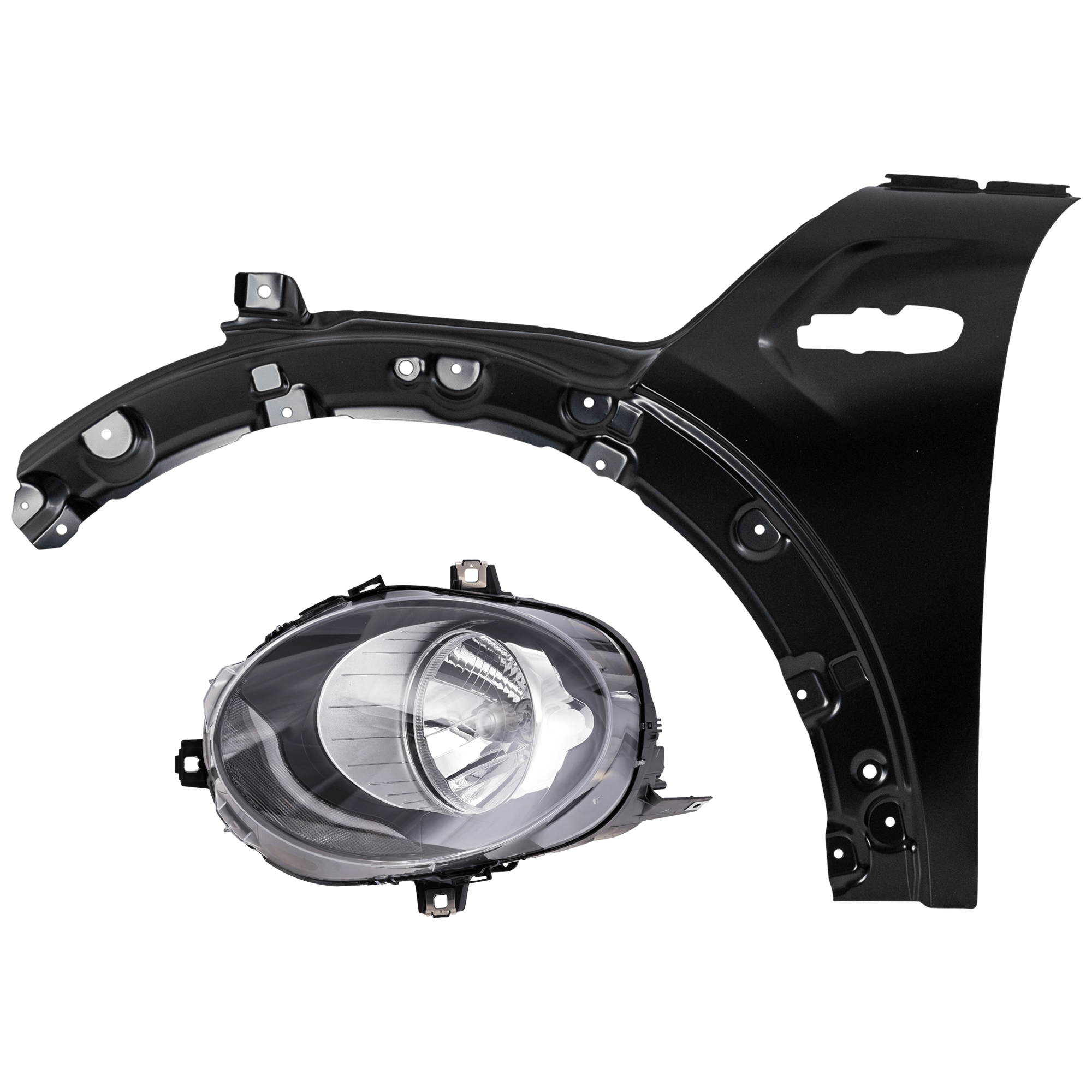 AM COOPER 14-18 HEAD LAMP LH 2 pc Kit Assembly Halogen with Fender SKU KIT 071126-66 Partslink MC1240104 OEM 63117401605 PFM 41007374521