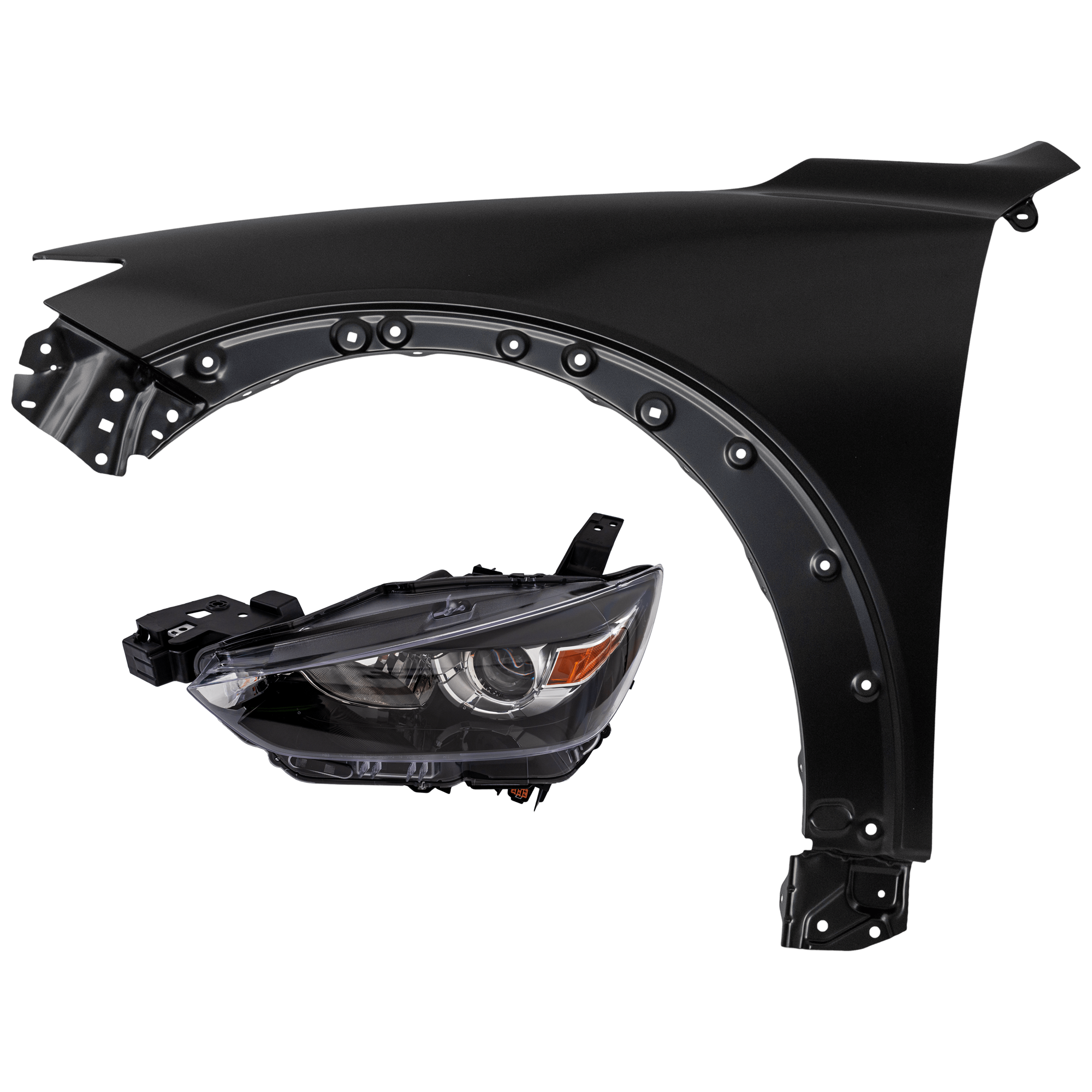 AM CX 3-16-22 HEAD LAMP LH 2 pc Kit Assembly Halogen with Fender SKU KIT 071126-90 Partslink MA1240177 OEM DB4N510L0A PFM DB4N510L0 PFM D