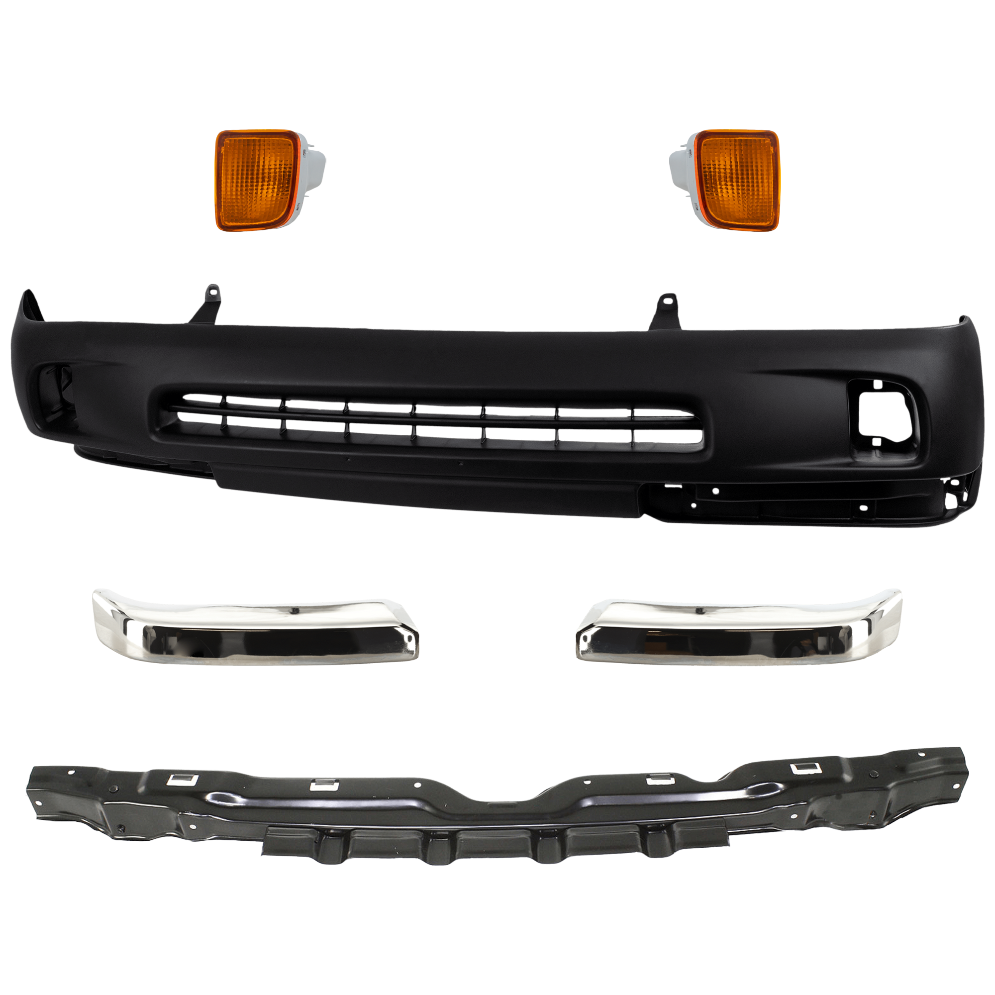 AM TACOMA 98-00 FRONT BUMPER COVER 6 pc kit Primed with Bumper End Bumper Reinforcement and Turn Signal Light SKU KIT 071224-14 Partslink TO1005165 TO1004165 TO1025104 TO2531128 TO2530128 OEM 5391104090 PFM 5210204010-5210