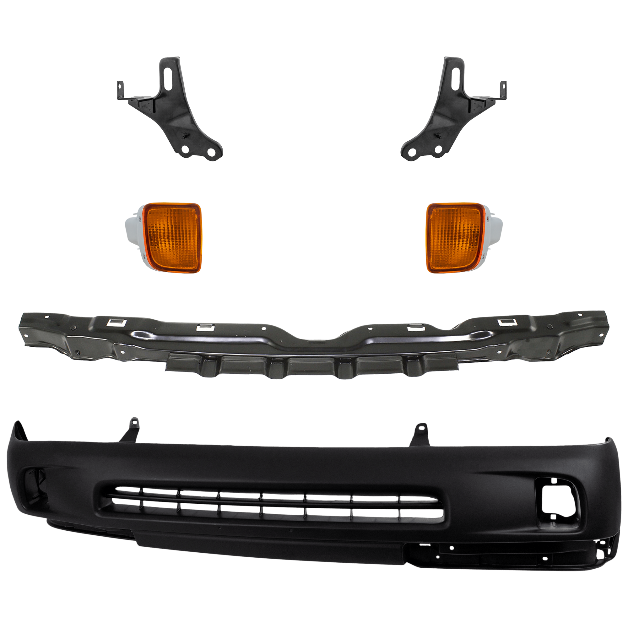 AM TACOMA 98-00 FRONT BUMPER COVER 6 pc kit Primed with Bumper Reinforcement Bumper Reinforcement Bracket and Turn Signal Light SKU KIT 071224-16 Partslink TO1025104 TO1067129 TO1066129 TO2531128 TO2530128 OEM 5391104090 PFM 5250604020-5201