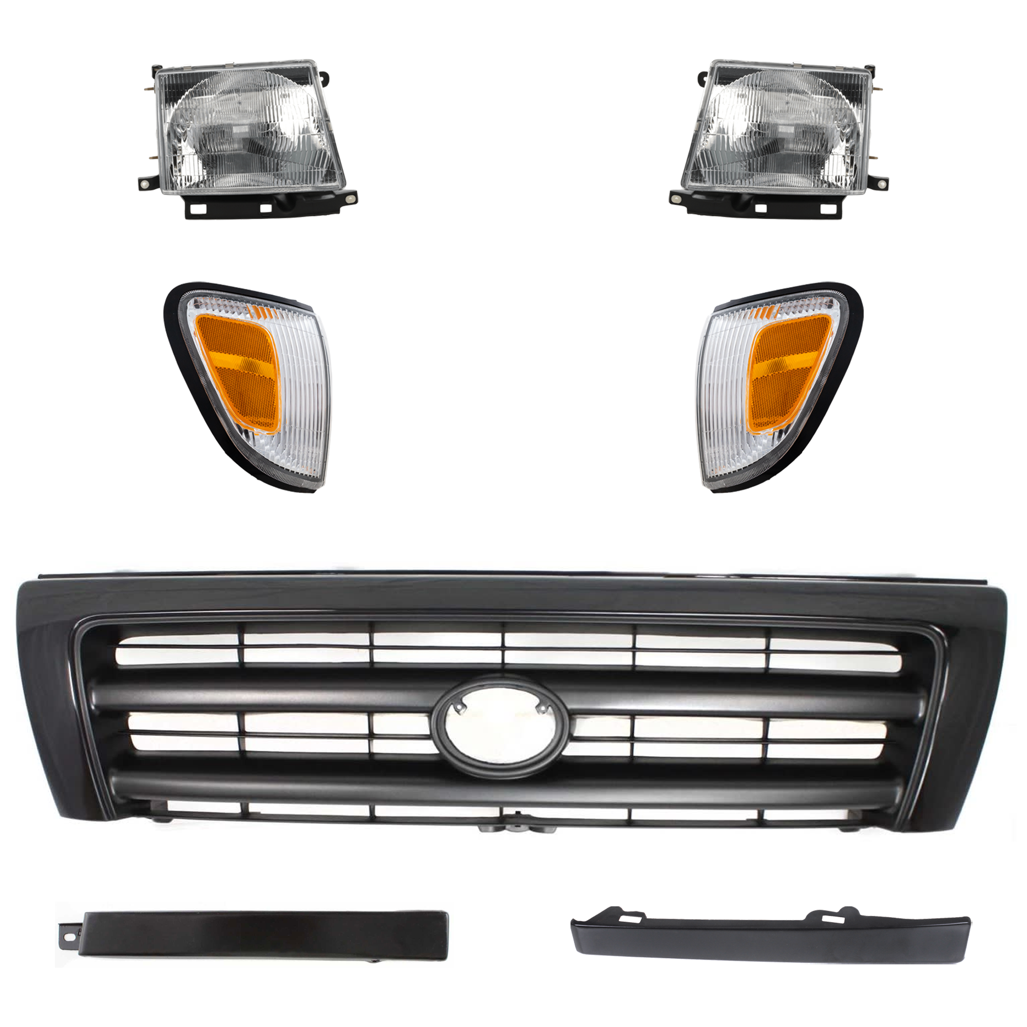 AM TACOMA 97-97 HEAD LAMP RH AND LH 7 pc kit with Bulb s Halogen with Bumper Filler Corner Light and Grille Assembly SKU KIT 071224-17 Partslink TO2502120 TO2503120 TO1088102 TO1089102 TO2521154 TO2520154 TO1200211 OEM 8111004090-8115004090-52513350