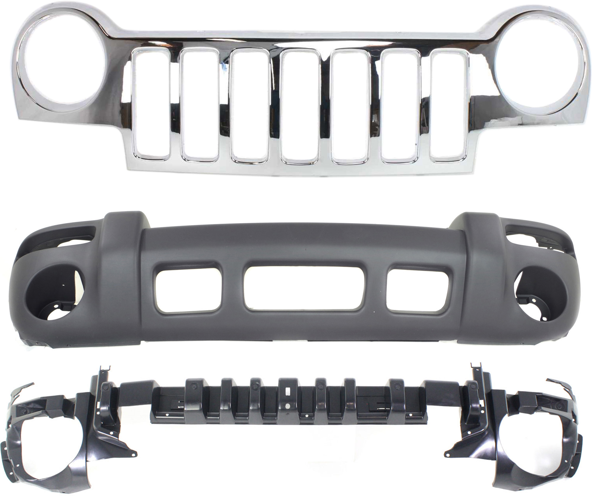 AM LIBERTY 02-04 GRILLE 3 pc kit with Bumper Absorber and Bumper Cover SKU KIT 071317-12 Partslink Performance CH1070127 CH1000367 OEM 55156608AB PFM 55156042AD 5GJ6