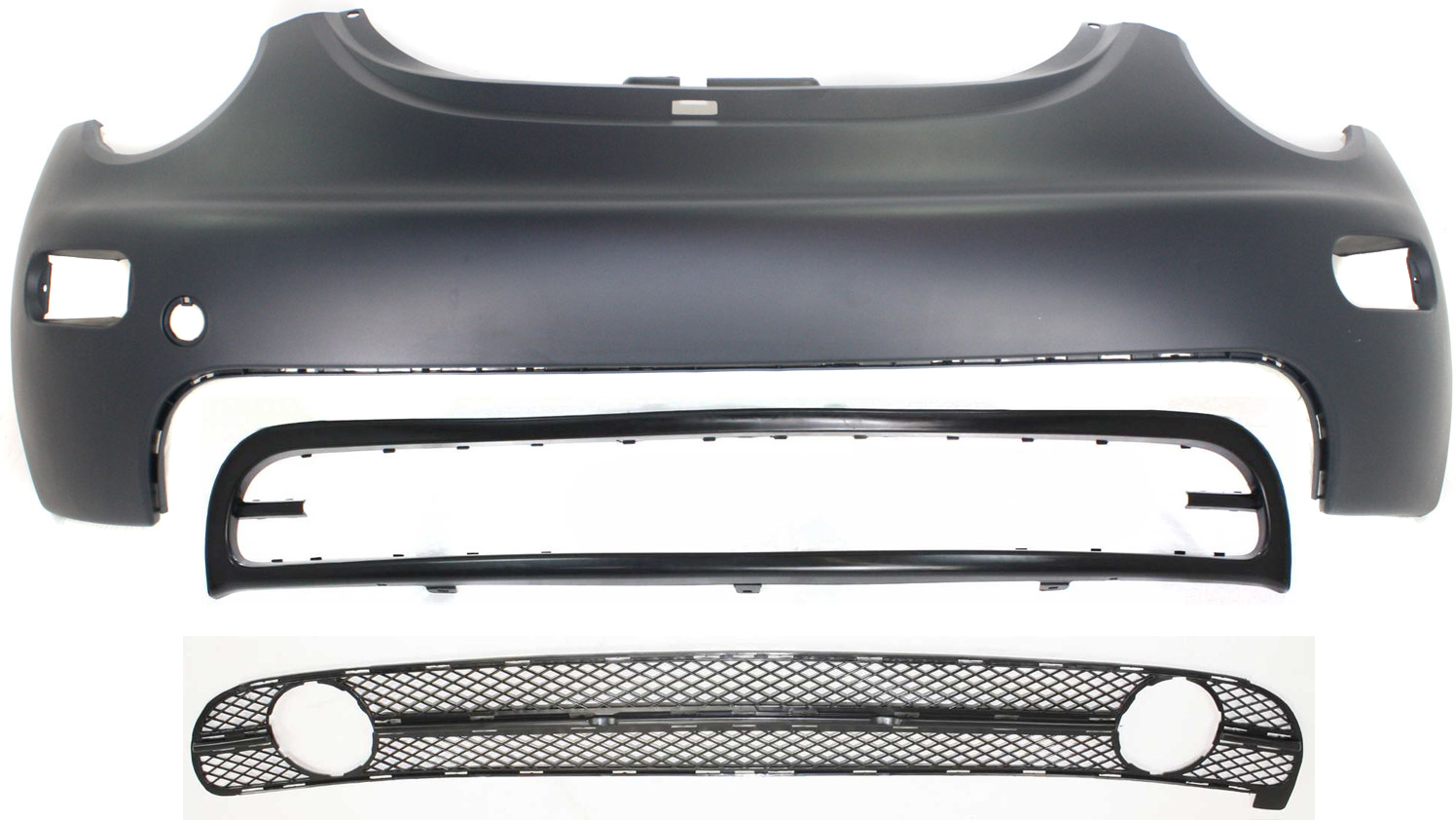 AM BEETLE 98-98 FRONT BUMPER COVER Primed 3 pc Kit with Bumper Grille and Valance SKU KIT 071317-16 Partslink VW1000134 VW1200127 VW1094109 OEM 1C0807221CGRU 1C0807681C01C 1C