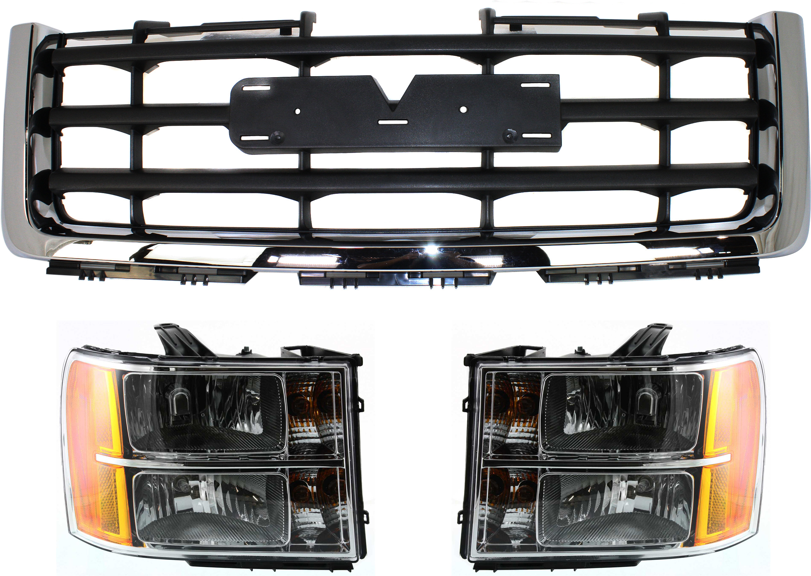 AM SIERRA 1500-07-13 HEAD LAMP RH AND LH Assembly Halogen 3 pc Kit with Grille Assembly SKU KIT 071317-23 Partslink GM2503283 GM2502283 GM1200573 OEM 22853030-20980241-22761792