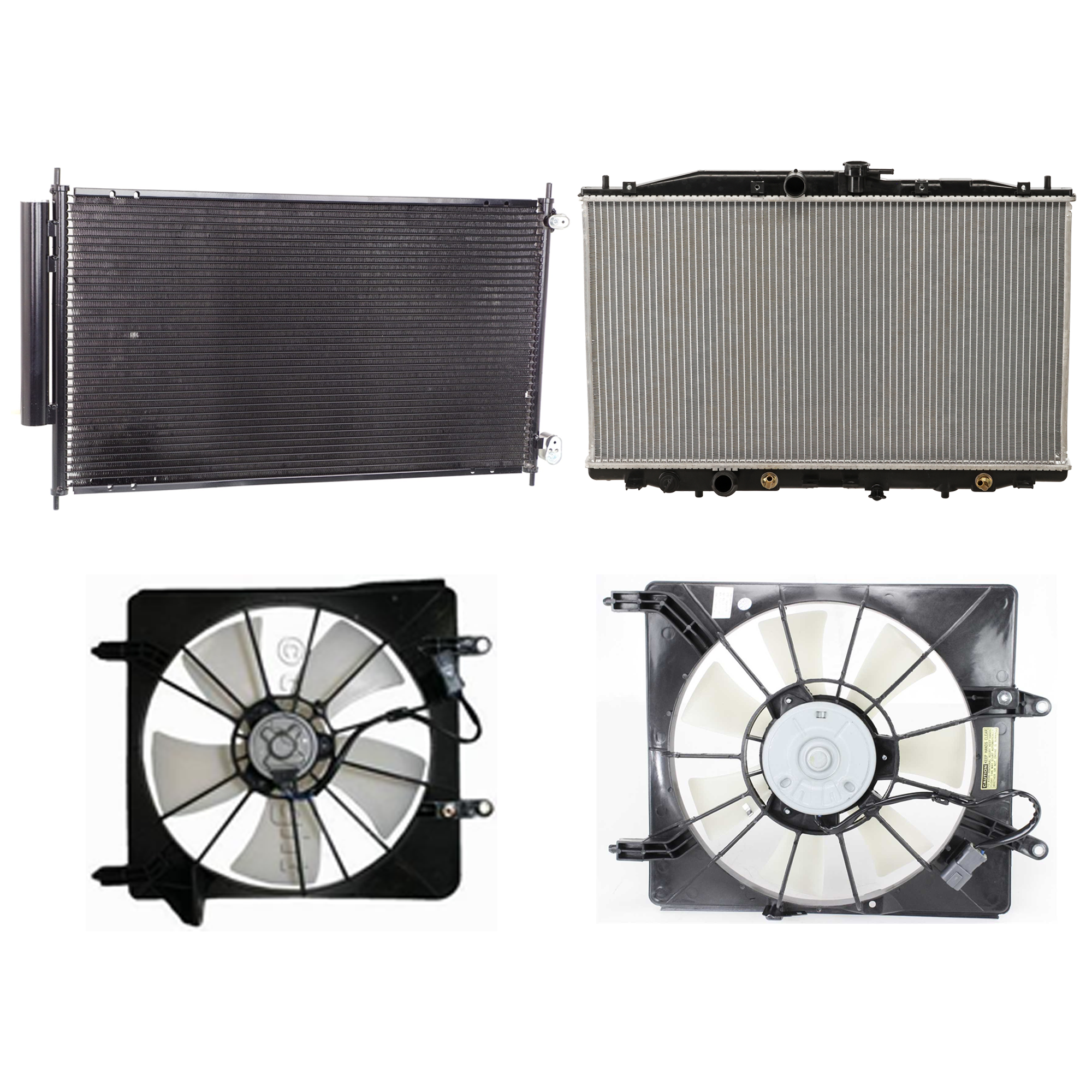 AM TSX 04-08 A C CONDENSER RADIATOR COOLING FAN KIT 4 pc kit 2.4L Eng. 4 Cyl. SKU KIT 071324-03 Partslink AC3030119 AC3117100 AC3113108 AC3010143 OEM 80110SEA013-19015RBB003-38615R