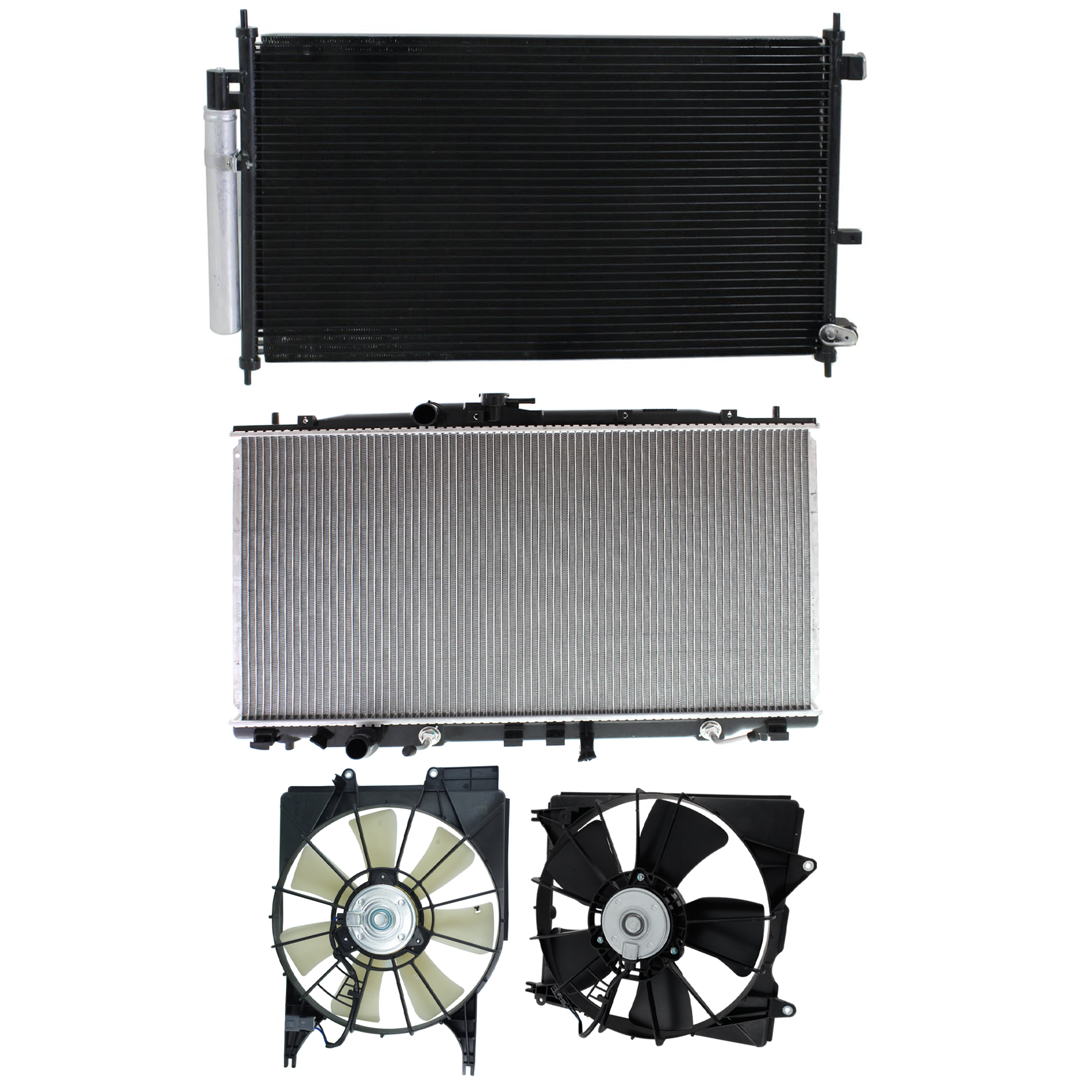 AM RDX 10-12 A C CONDENSER RADIATOR COOLING FAN KIT 4 pc kit 2.3L Eng. 4 Cyl. SKU KIT 071324-04 Partslink AC3030123 AC3115121 AC3113109 AC3010141 OEM 80110STKA01-19015RWCA01 PFM 19