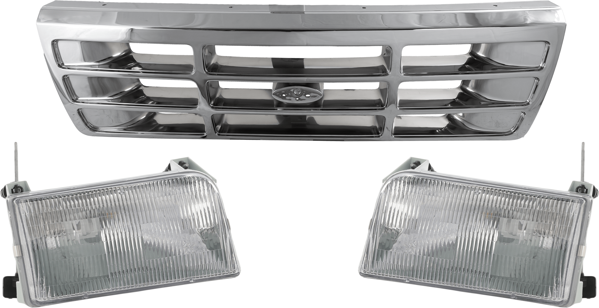 AM F SERIES F SUPER DUTY 92-97 GRILLE 3 pc Kit Chrome Shell Painted Gray Insert with Headlight SKU KIT 071324-106 Partslink FO1200173 FO2503114 FO2502118 OEM F4TZ8200A F2TZ13008A F2TZ13008