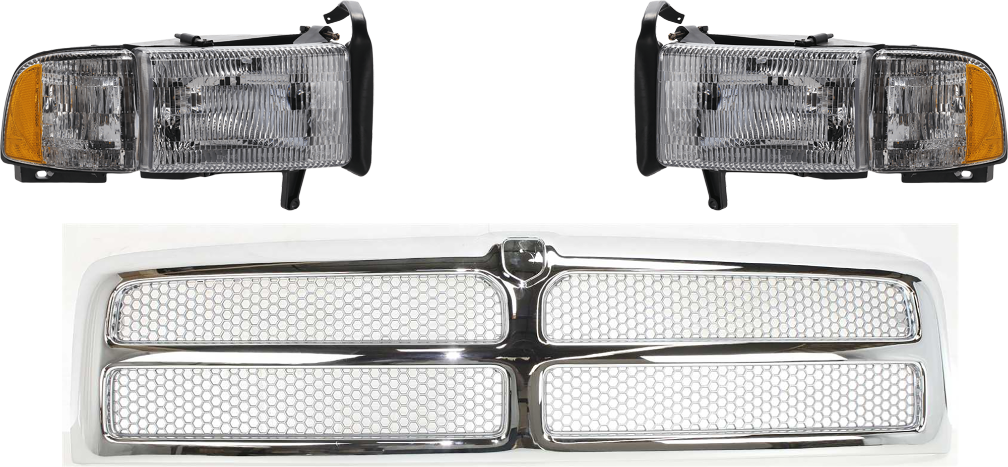 AM DODGE FULL SIZE PICKUP 94-02 GRILLE 3 pc Kit Honeycomb Insert Chrome Shell Painted Silver Insert with Headlight SKU KIT 071324-109 Partslink CH1200178 CH1200244 CH2502101 CH2503101 OEM 55055252-55076550AB 55076749AD