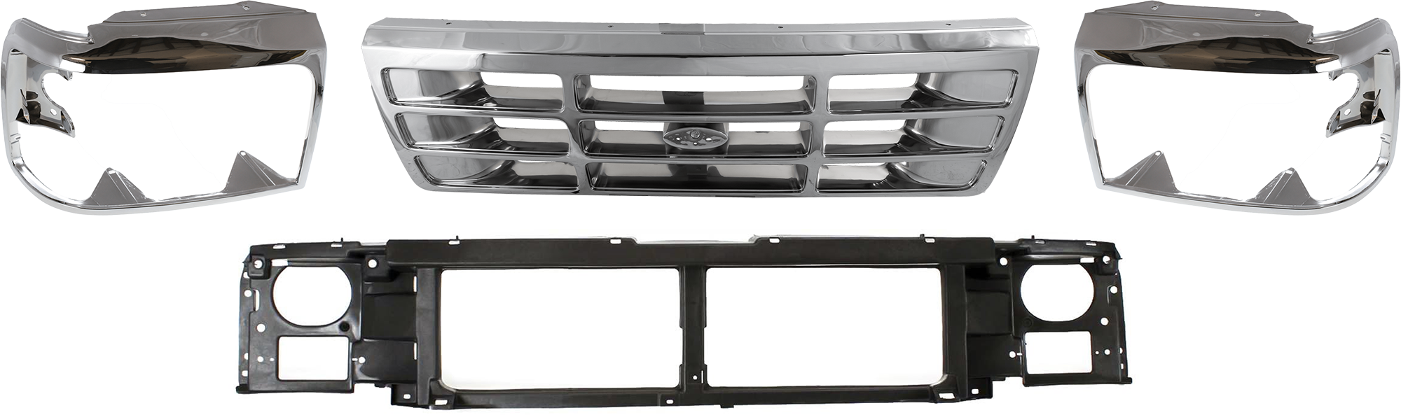 AM F SERIES 92-97 GRILLE 4 pc Kit Chrome Shell Painted Gray Insert with Header Panel and Headlight Door SKU KIT 071324-118 Partslink FO1200173 FO1220113 FO2512130 FO2513131 OEM F4TZ8200A F6TZ8A284AC F2TZ1306