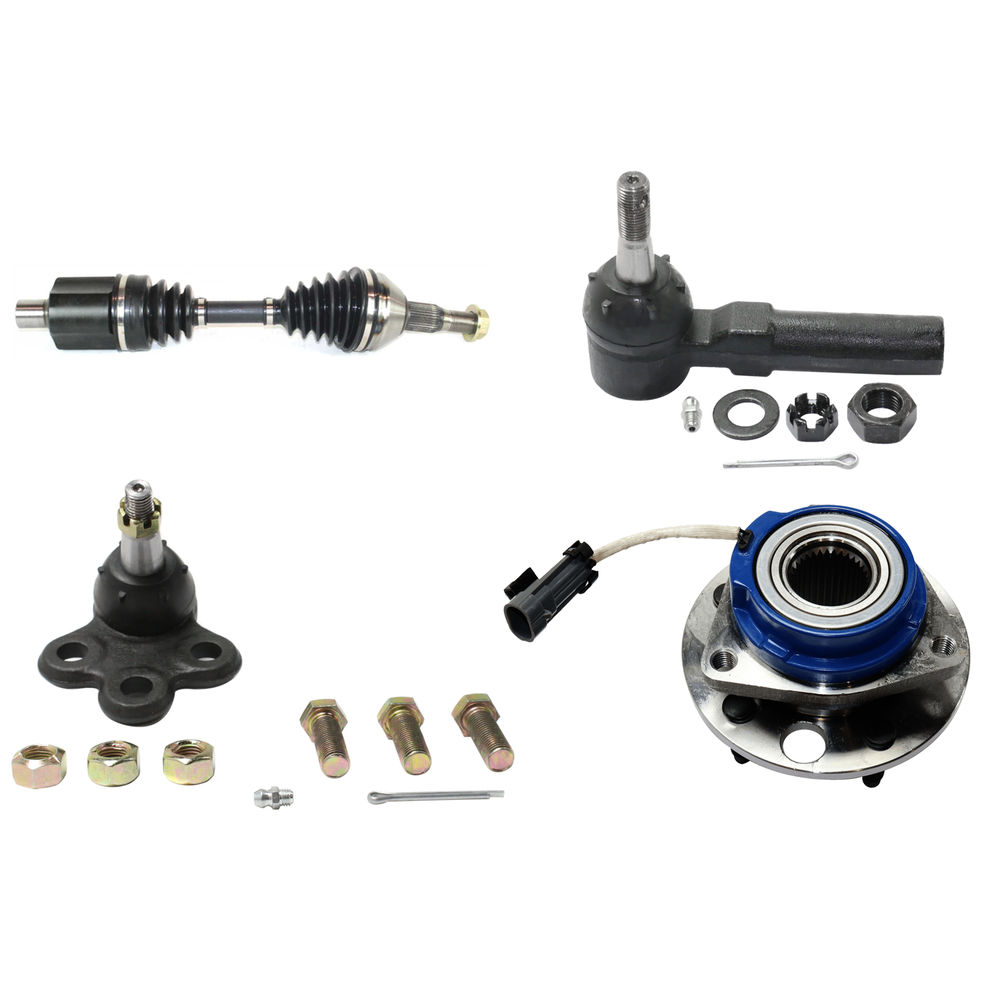 AM IMPALA 02-11 CENTURY 00-05 FRONT AXLE ASSEMBLY LH 4 pc kit with Ball Joint Tie Rod End and Wheel Hub SKU KIT 071324-125 OEM 104257-282021-2601506-2601545