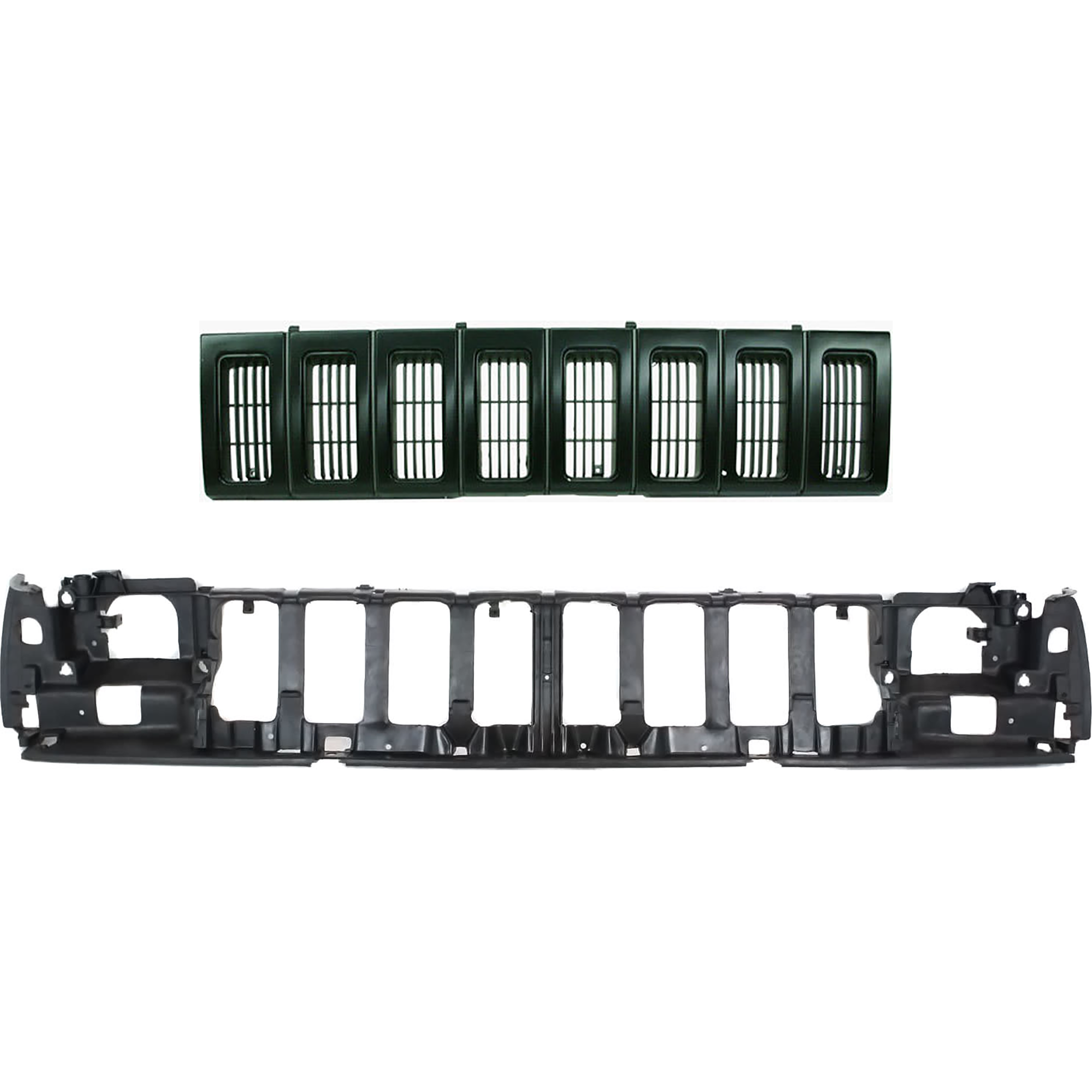 AM GRAND CHEROKEE 93-95 HEADER PANEL 2 pc Kit w Grille Assembly w o Headlight Leveling Device ABS Plastic SKU KIT 071324-135 Partslink CH1220110 CH1200142 OEM 55054886-5DF54MX8