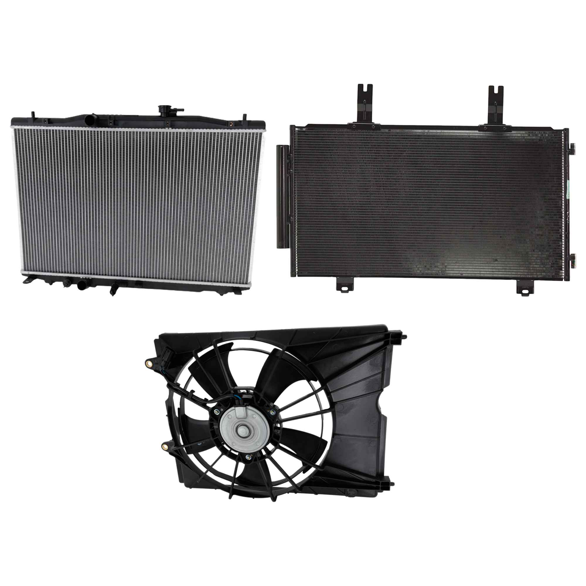 AM RDX 19-23 A C CONDENSER RADIATOR COOLING FAN KIT 3 pc kit 2.0L Eng. 4 Cyl. SKU KIT 071324-13 Partslink AC3030134 AC3115130 AC3010158 OEM 80100TJBA01-190155YFA02-190305