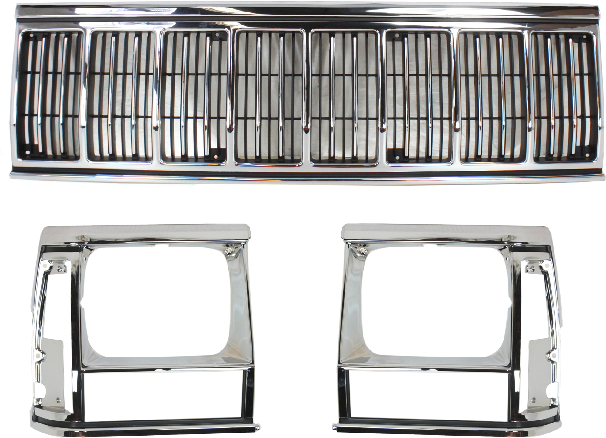 AM CHEROKEE 91-96 GRILLE 3 pc Kit w Headlight Door Chrome Shell Painted Black Insert SKU KIT 071324-140 Partslink CH1200196 CH2513123 CH2512123 OEM 55034046AB 55034078-55034079