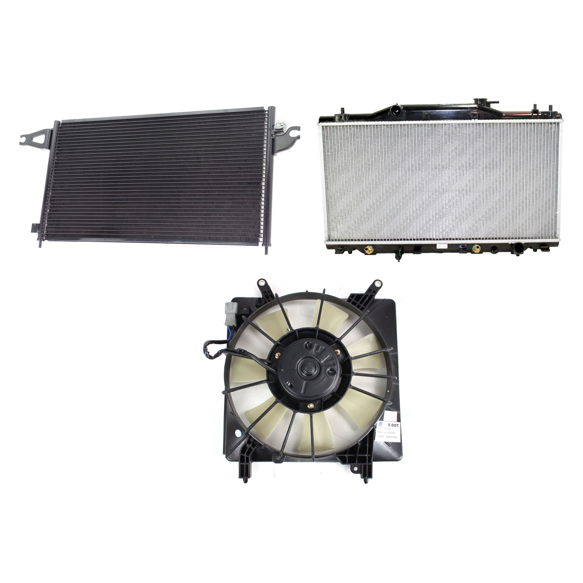 AM RSX 02-06 A C CONDENSER RADIATOR COOLING FAN KIT 3 pc kit 2.0L Eng. 4 Cyl. SKU KIT 071324-18 Partslink AC3030117 AC3115103 AC3010133 OEM 80110S6MA01-19015PNDA01-19010P
