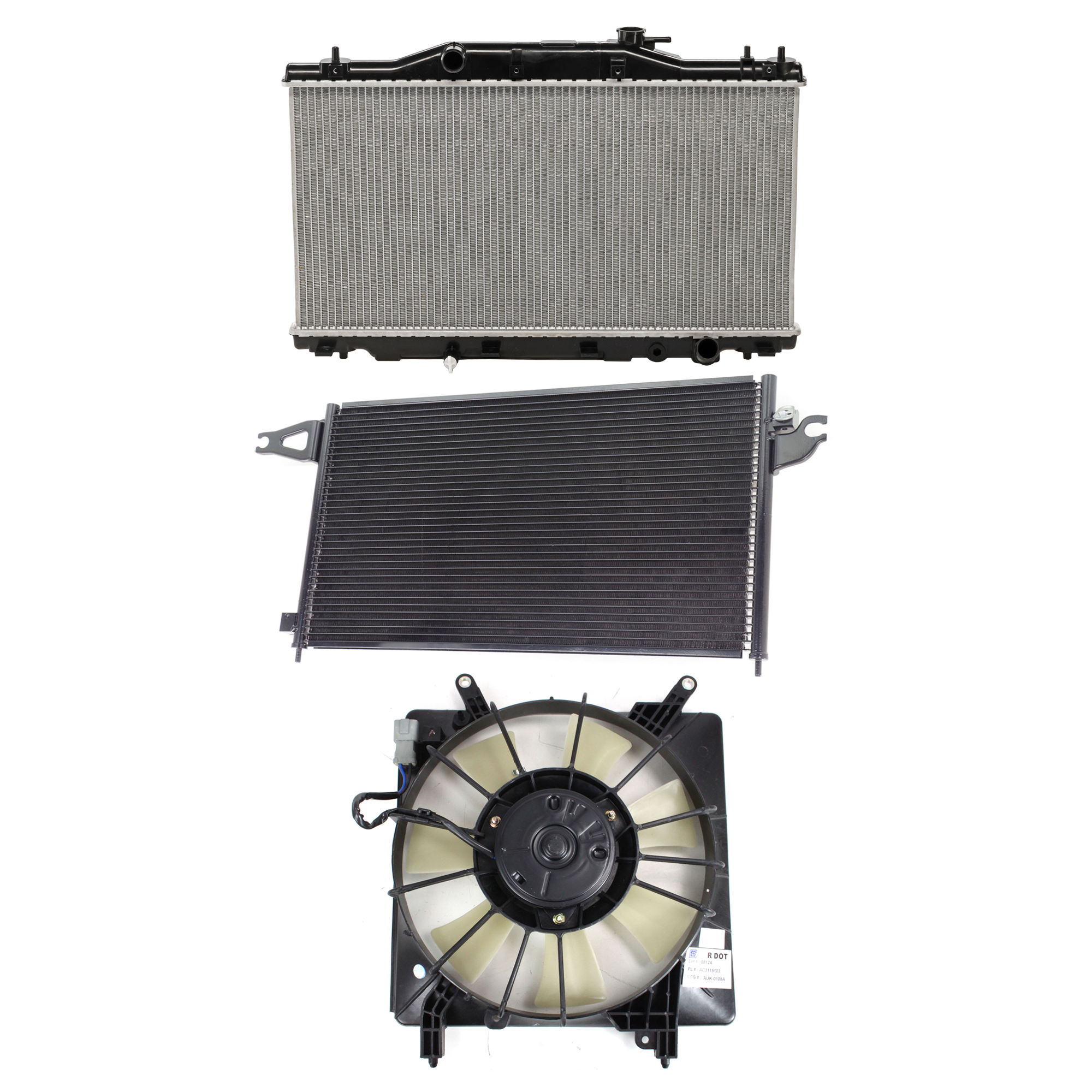AM RSX 02-06 A C CONDENSER RADIATOR COOLING FAN KIT 3 pc kit 2.0L Eng. 4 Cyl. SKU KIT 071324-19 Partslink AC3030117 AC3115103 AC3010132 OEM 80110S6MA01-19015PNDA01-19010P