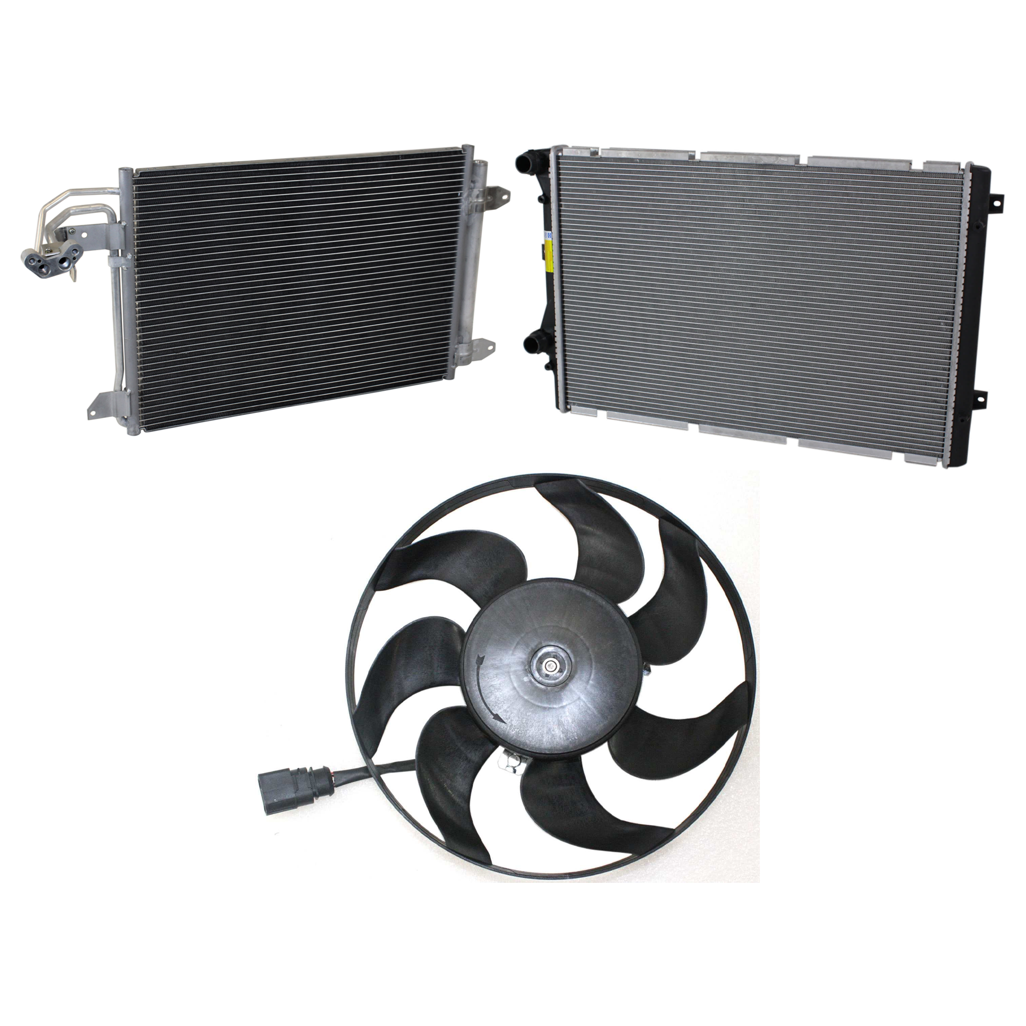AM A3-09-13 GTI 12-14 A C CONDENSER 3 pc kit 4 Cyl 2.0L Engine w Radiator and Cooling Fan Assembly SKU KIT 071324-27 Partslink AU3030129 VW3010159 OEM 1K0820411Q 1K0959455ET 1K01982