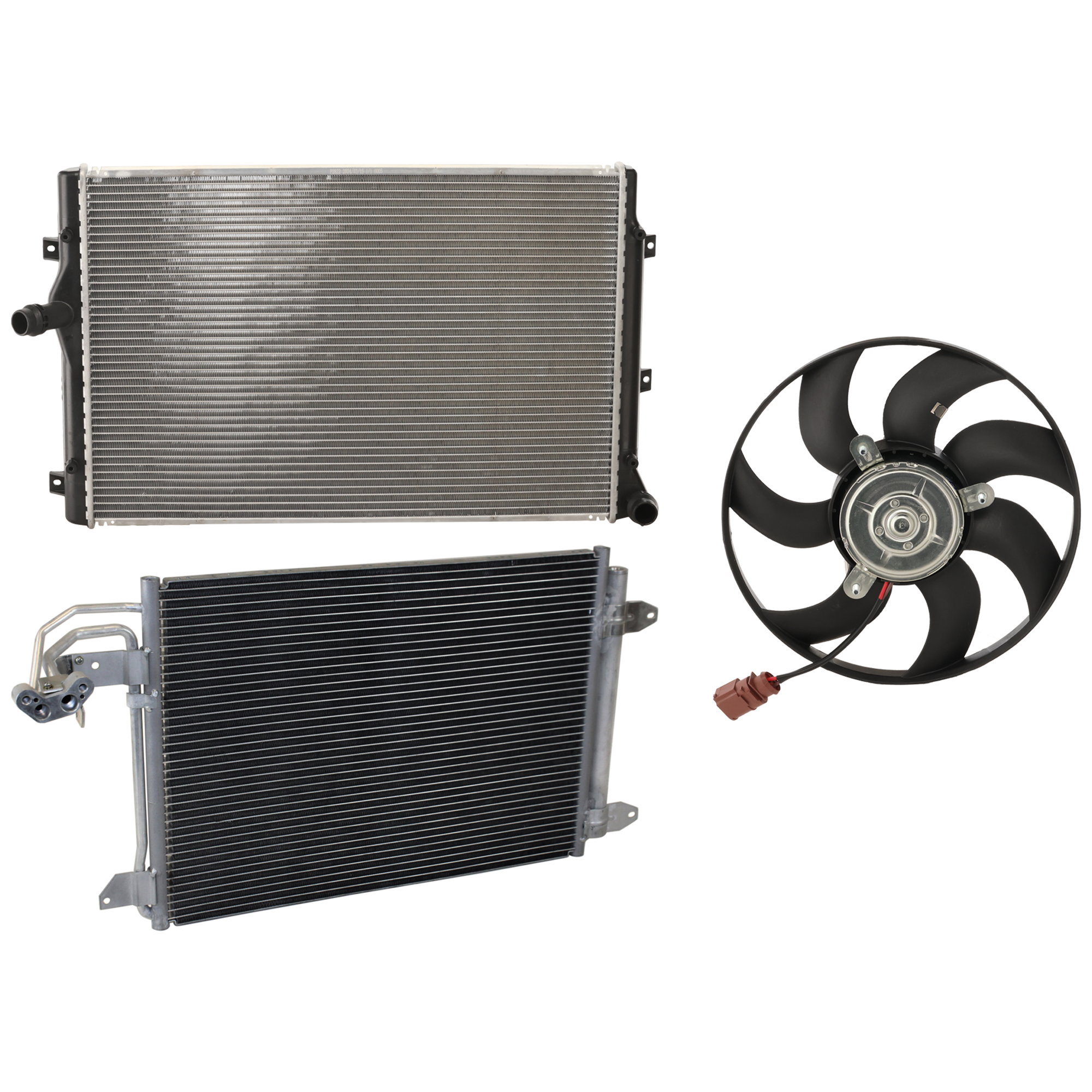 AM GOLF 10-14 JETTA 06-10 A C CONDENSER 3 pc kit 4 Cyl 2.0L Engine w Radiator and Cooling Fan Assembly SKU KIT 071324-28 Partslink AU3030129 VW3010149 OEM 1K0820411Q 1K0959455ET 1K01212