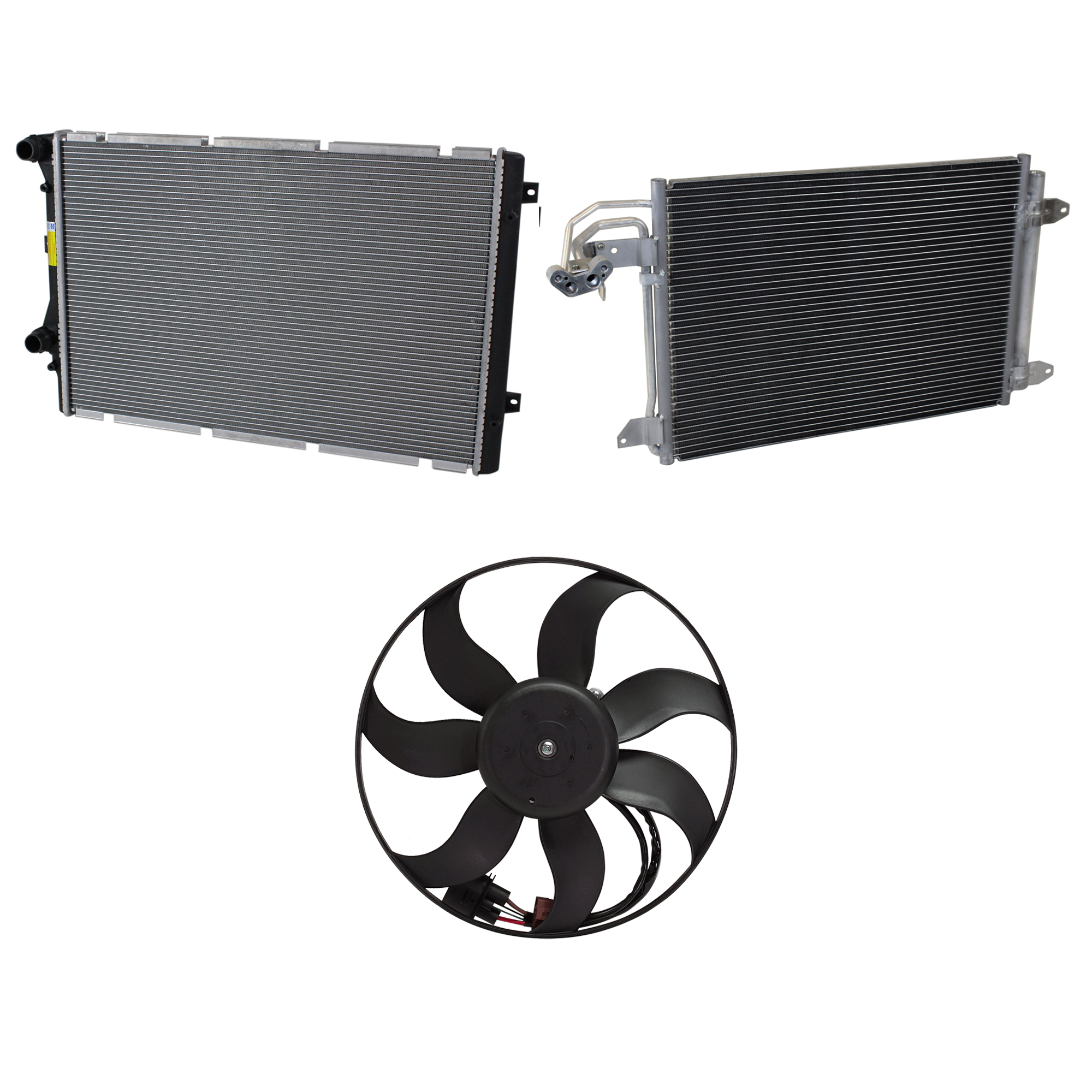 AM A3-09-13 GTI 10-14 A C CONDENSER 3 pc kit 4 Cyl 2.0L Engine w Radiator and Cooling Fan Assembly SKU KIT 071324-31 Partslink AU3030129 VW3117117 VW3010159 OEM 1K0820411Q 1K0959455EA 1K01982