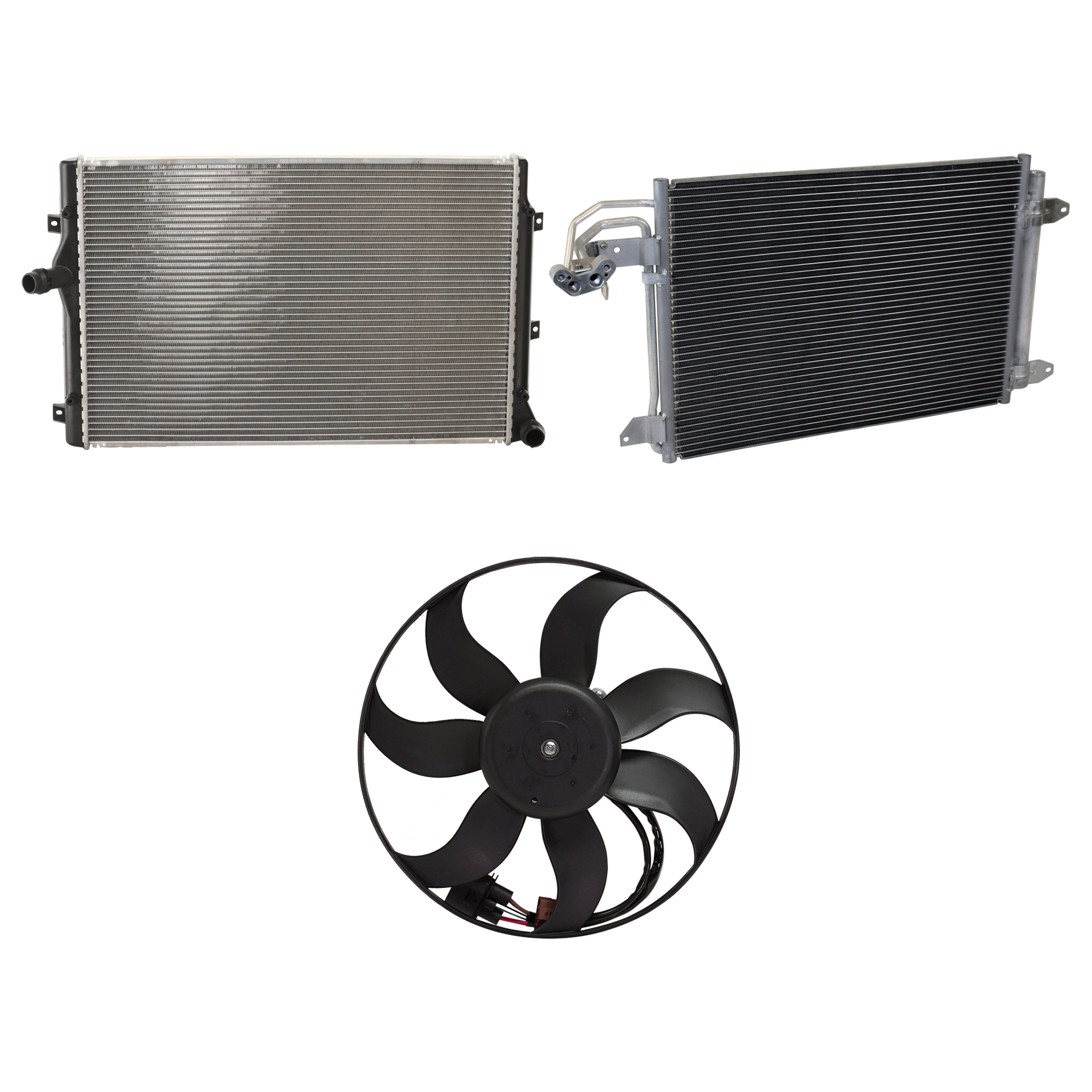 AM A3-06-13 GOLF 10-13 A C CONDENSER 3 pc kit 4 Cyl 2.0L Engine w Radiator and Cooling Fan Assembly SKU KIT 071324-32 Partslink AU3030129 VW3117117 VW3010149 OEM 1K0820411Q 1K0959455EA 1K01212