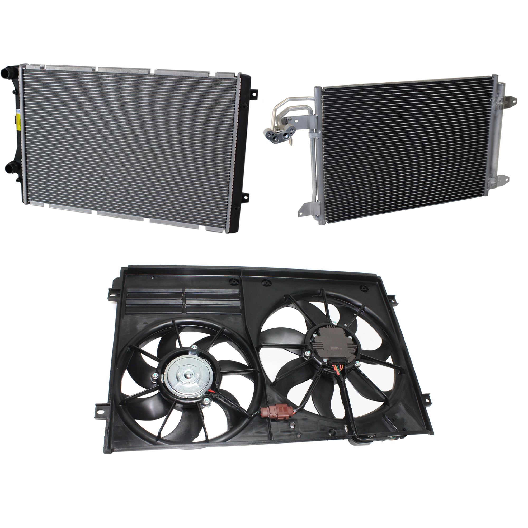 AM A3-09-13 GTI 10-14 A C CONDENSER 3 pc kit 4 Cyl 2.0L Engine w Radiator and Cooling Fan Assembly SKU KIT 071324-35 Partslink AU3030129 VW3117106 VW3010159 OEM 1K0820411Q 1K0121205AJ PFM 1K0