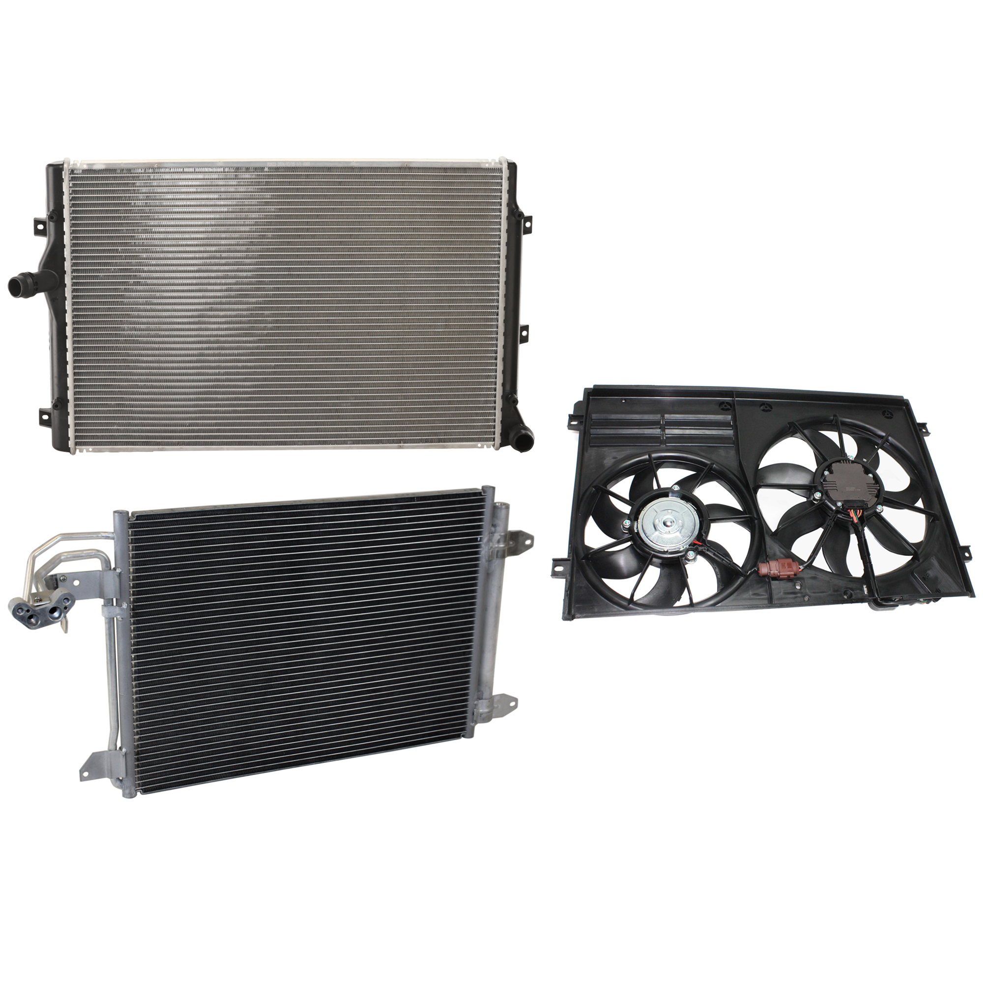 AM GOLF 10-14 JETTA 06-10 A C CONDENSER 3 pc kit 4 Cyl 2.0L Engine w Radiator and Cooling Fan Assembly SKU KIT 071324-36 Partslink AU3030129 VW3117106 VW3010149 OEM 1K0820411Q 1K0121205AJ PFM 1K0