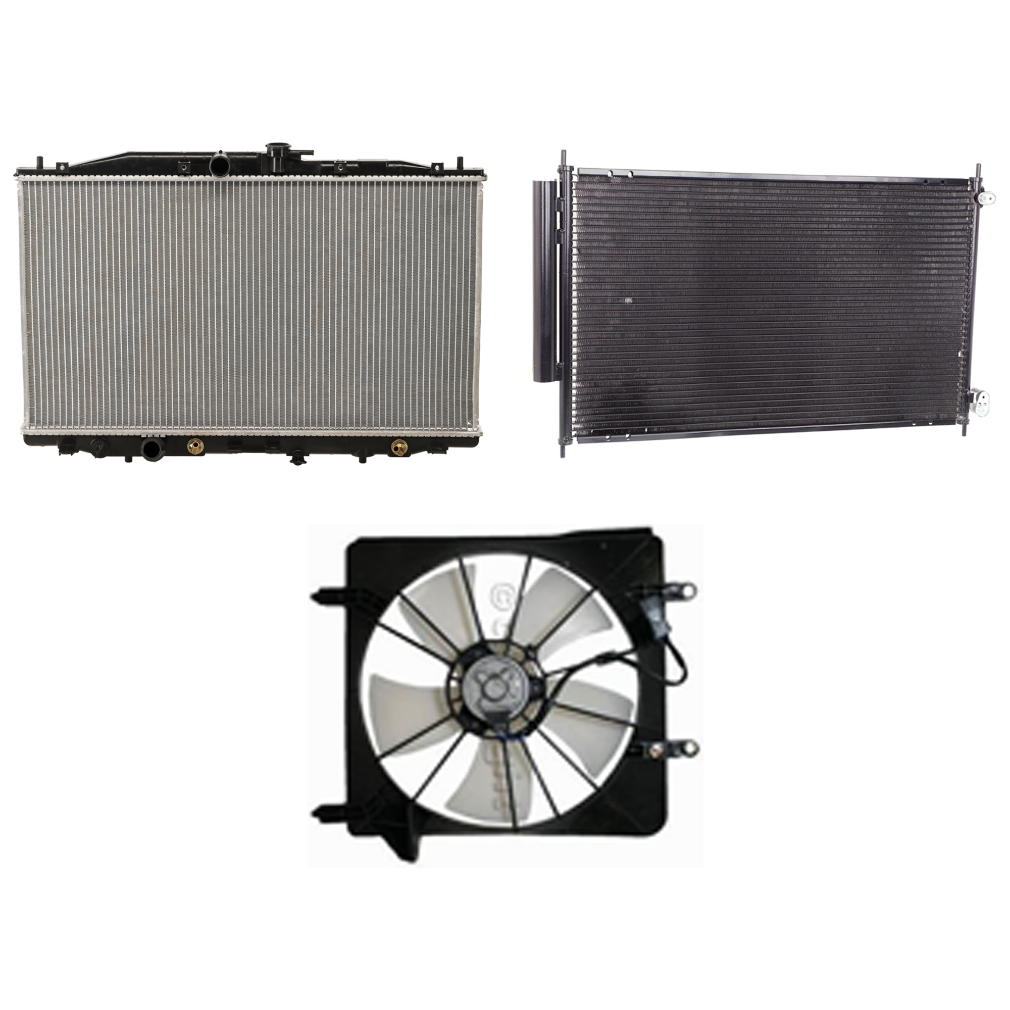 AM TSX 04-08 A C CONDENSER RADIATOR COOLING FAN KIT 3 pc kit 2.4L Eng. 4 Cyl. SKU KIT 071324-39 Partslink AC3030119 AC3117100 AC3010143 OEM 80110SEA013-19015RBB003-19010R