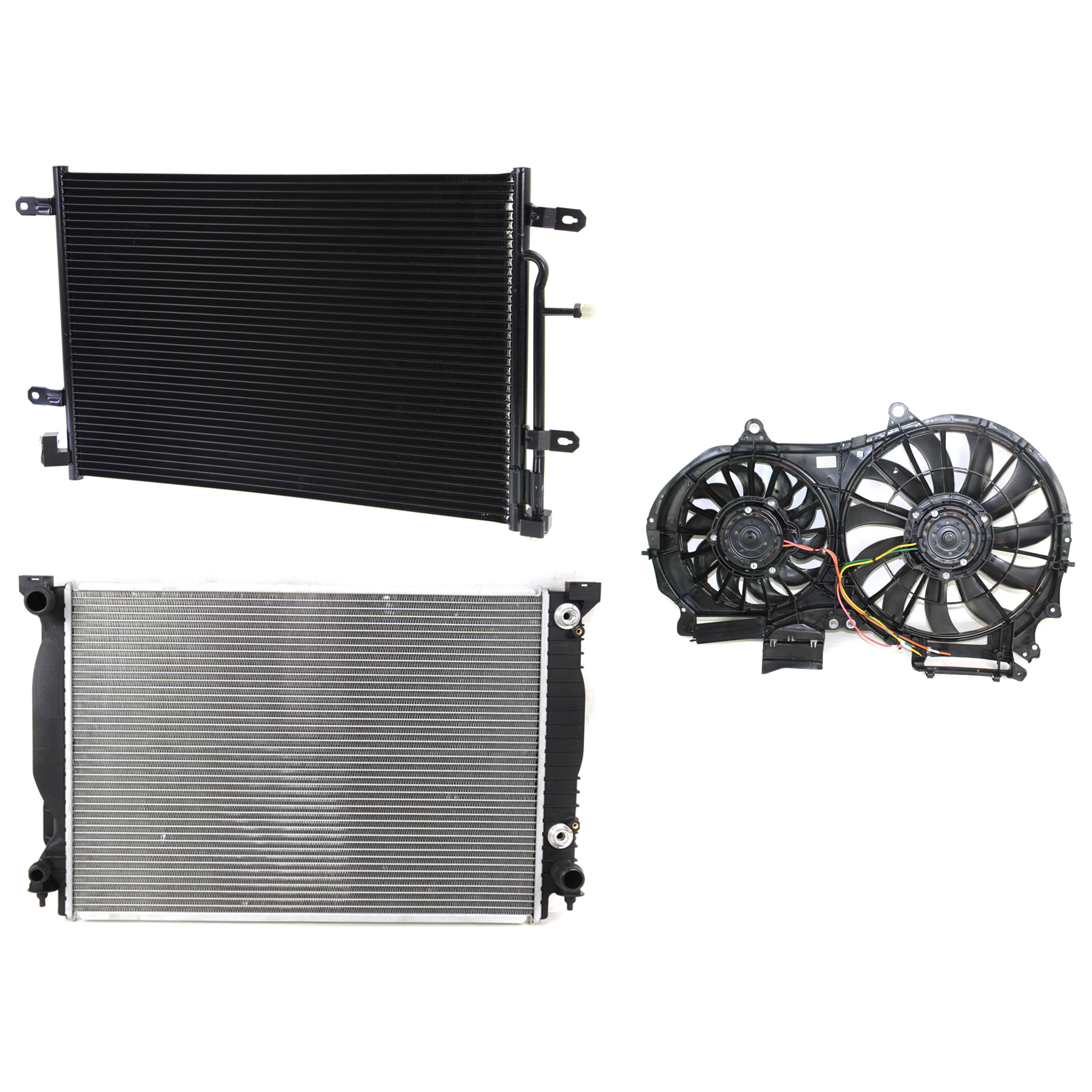 AM A4-05-05 A4 QUATTRO 06-08 A C CONDENSER RADIATOR COOLING FAN KIT 3 pc kit 3.0L Eng. 6 Cyl. A4 QUATTRO 06-08-3.2L Eng. SKU KIT 071324-40 Partslink AU3030127 AU3115108 AU3010130 OEM 8E0260403T 8E0121207J 8E012125