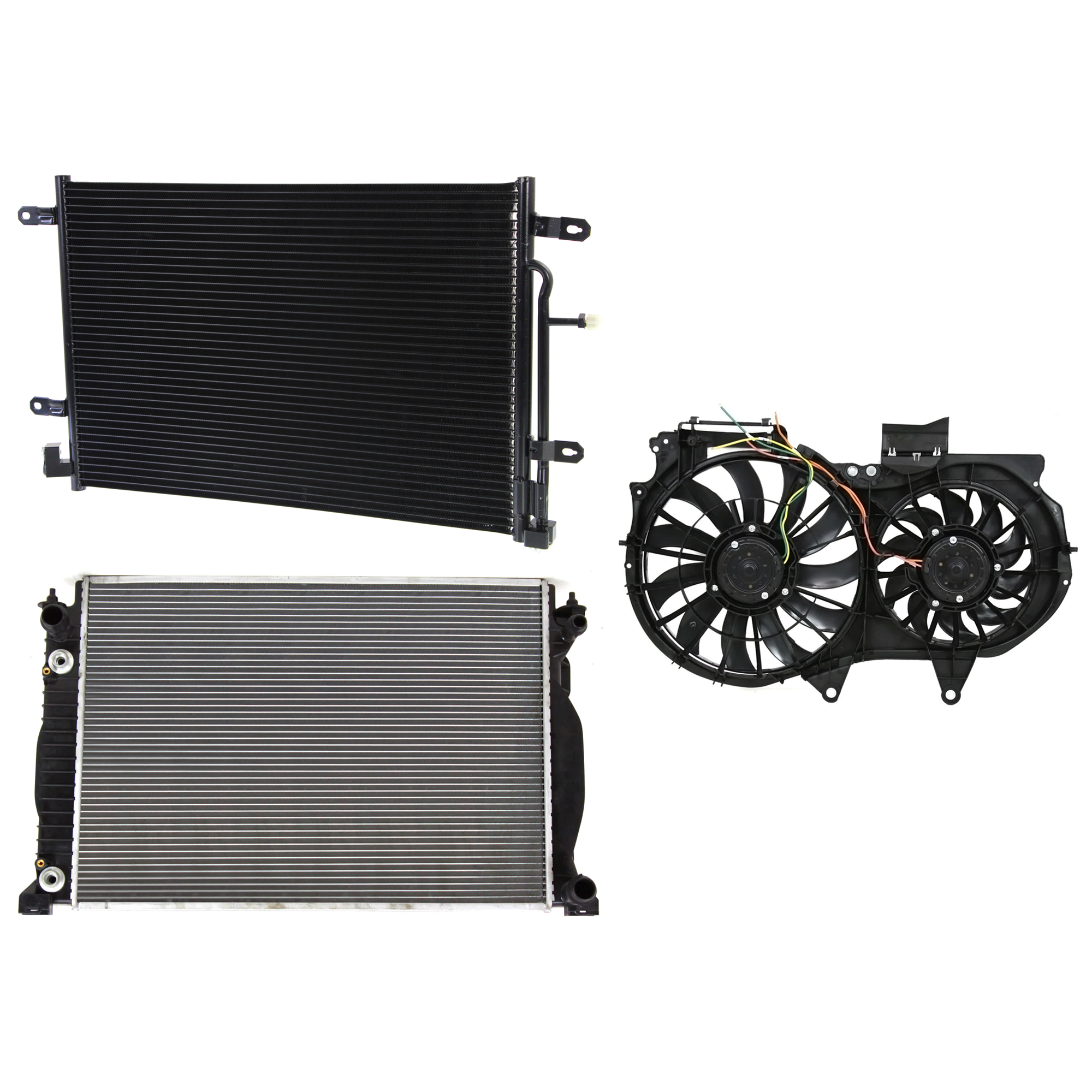 AM A4-05-08 A4 QUATTRO 06-08 A C CONDENSER RADIATOR COOLING FAN KIT 3 pc kit 2.0L Eng. 4 Cyl. A4-05-06-1.8L Eng. SKU KIT 071324-41 Partslink AU3030127 AU3115107 AU3010128 OEM 8E0260403T 8E0121207F 8E012125