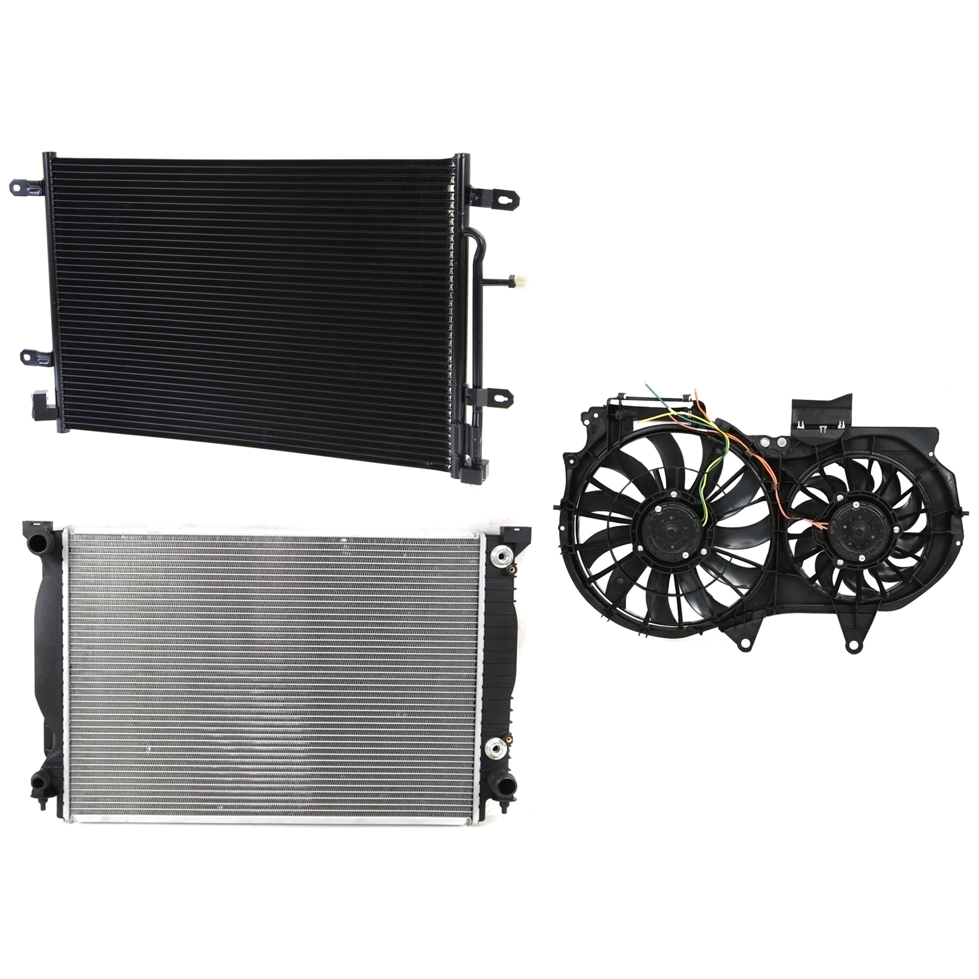 AM A4-07-08 A4 QUATTRO 07-09 A C CONDENSER RADIATOR COOLING FAN KIT 3 pc kit 3.2L Eng. 6 Cyl. SKU KIT 071324-42 Partslink AU3030127 AU3115107 AU3010130 OEM 8E0260403T 8E0121207F 8E012125