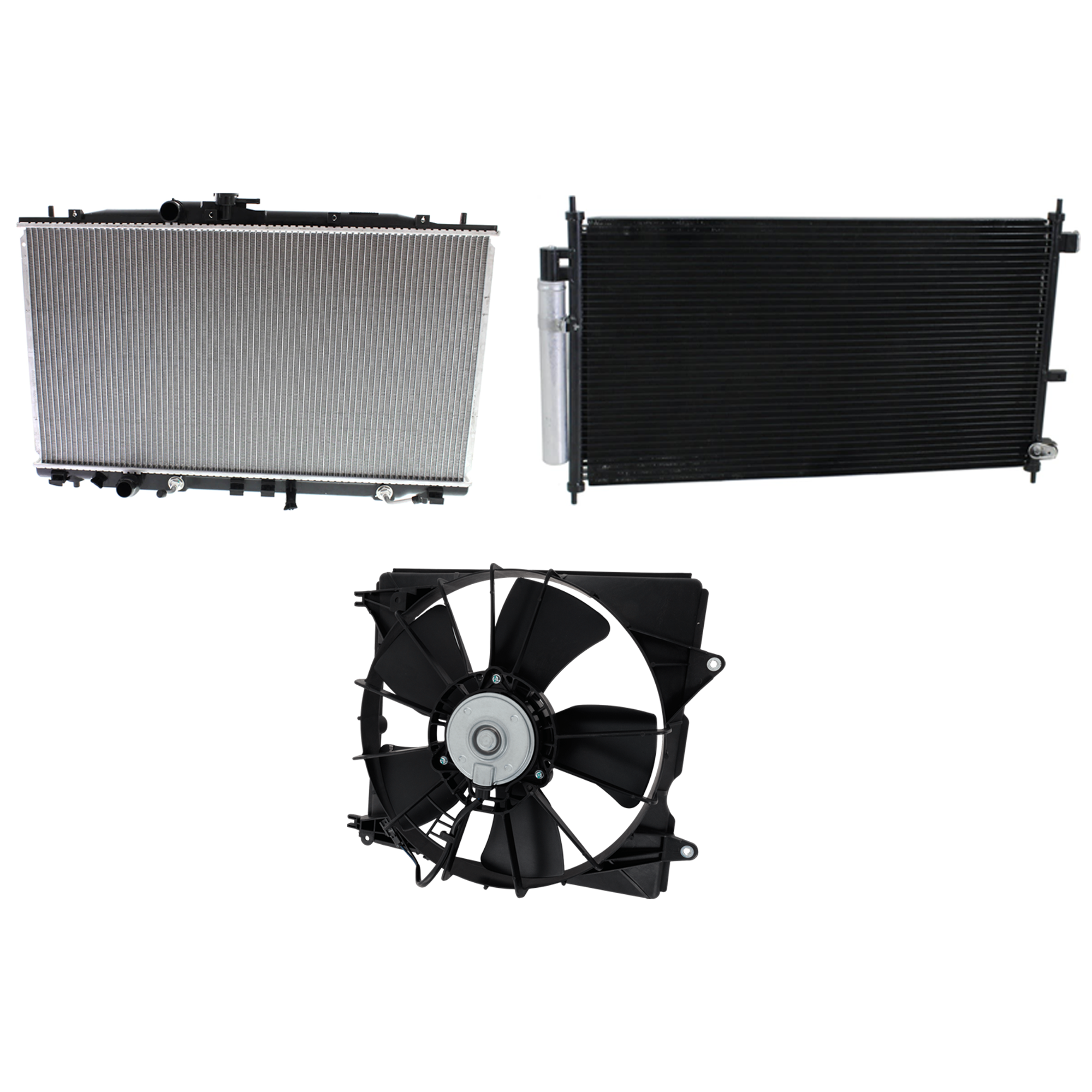 AM RDX 10-12 A C CONDENSER RADIATOR COOLING FAN KIT 3 pc kit 2.3L Eng. 4 Cyl. SKU KIT 071324-43 Partslink AC3030123 AC3115121 AC3010141 OEM 80110STKA01-19015RWCA01 PFM 19