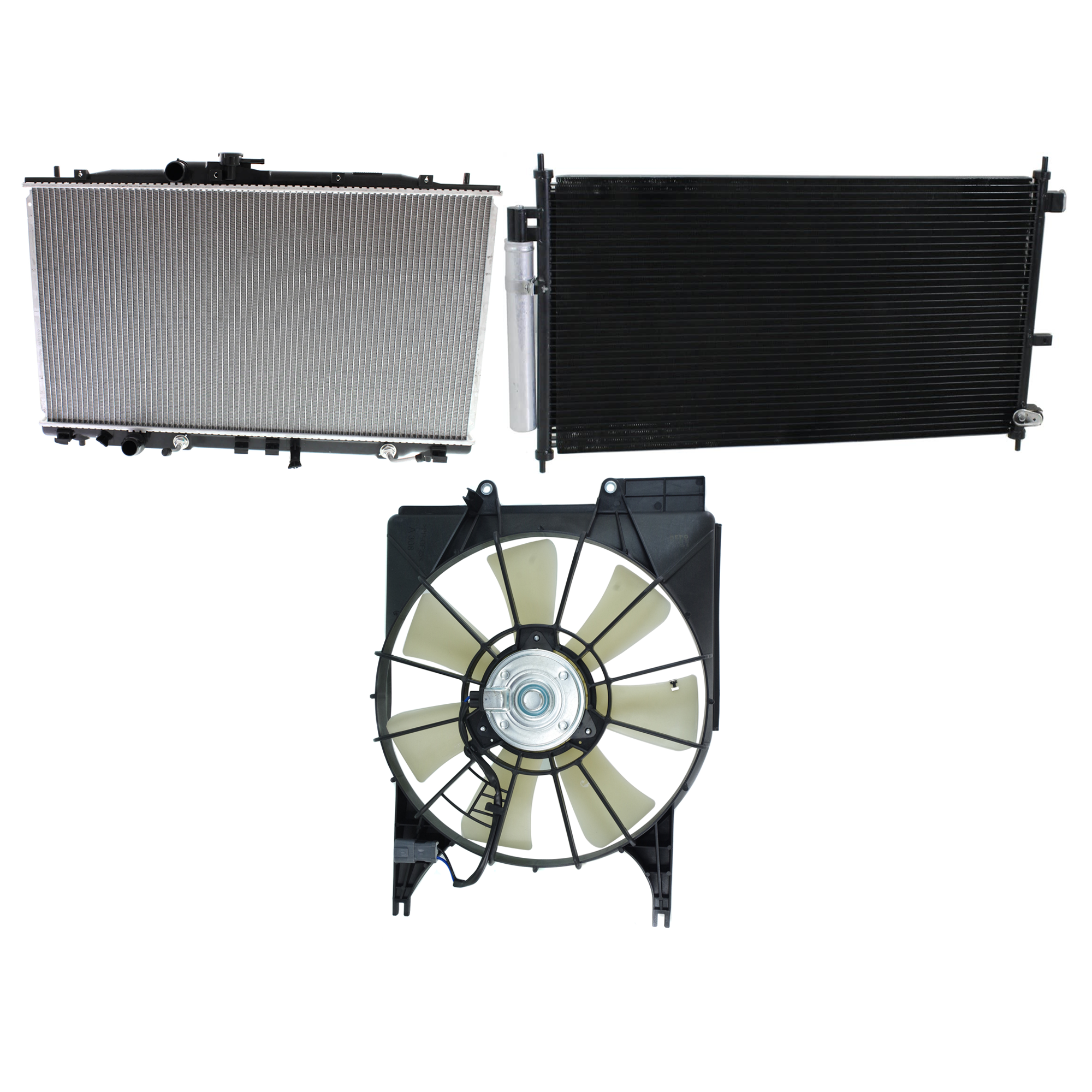 AM RDX 07-12 A C CONDENSER RADIATOR COOLING FAN KIT 3 pc kit 2.3L Eng. 4 Cyl. SKU KIT 071324-44 Partslink AC3030123 AC3113109 AC3010141 OEM 80110STKA01-38616RWCA01 PFM 38