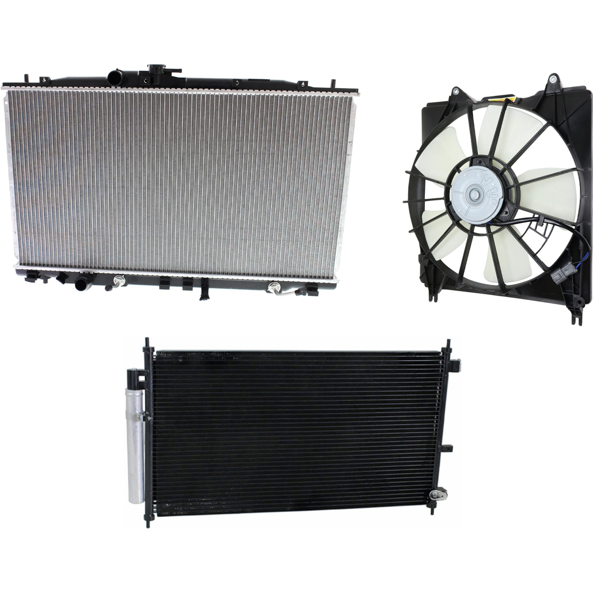 AM RDX 07-09 A C CONDENSER RADIATOR COOLING FAN KIT 3 pc kit 2.3L Eng. 4 Cyl. SKU KIT 071324-45 Partslink AC3030123 AC3115112 AC3010141 OEM 80110STKA01-19015RWCA01 PFM 19