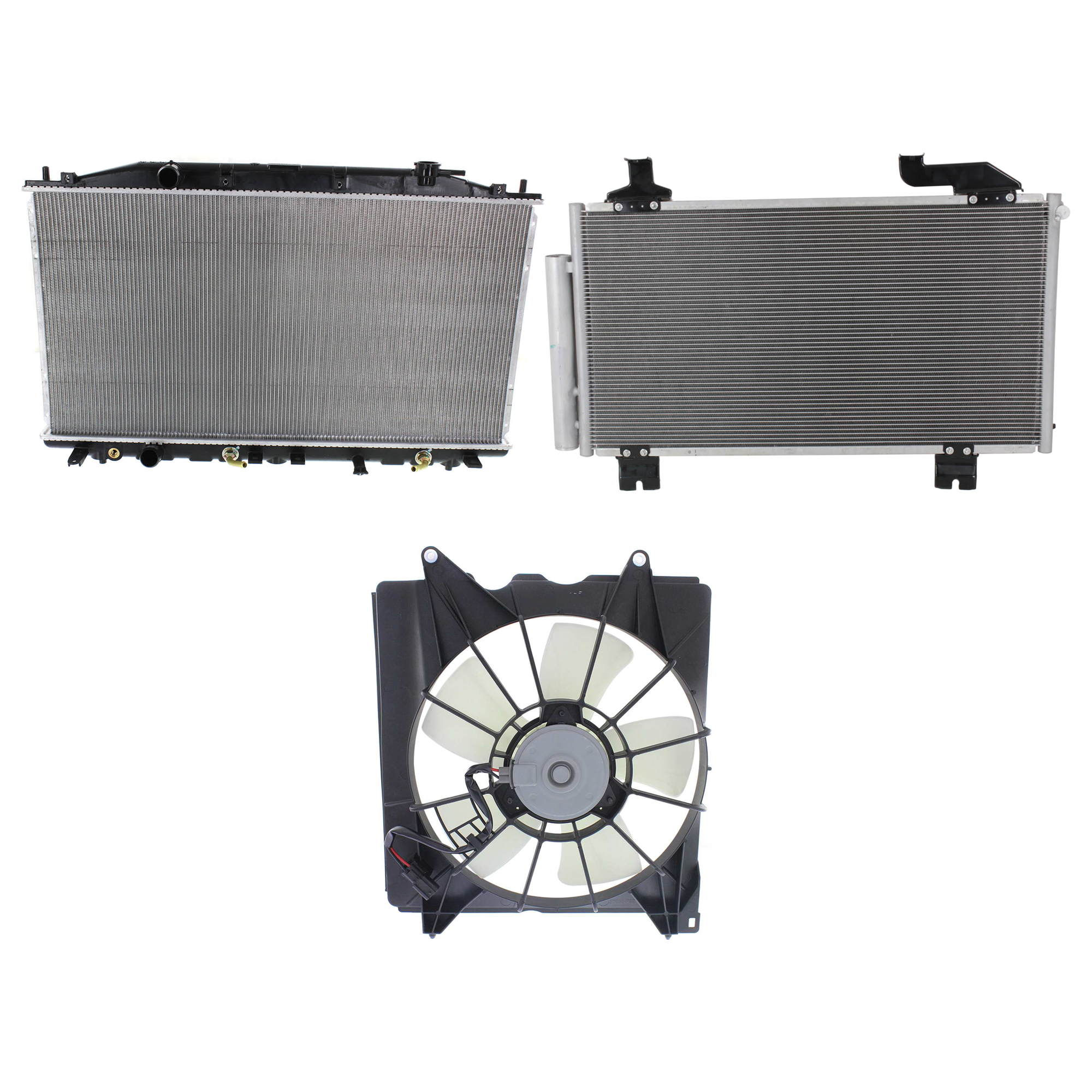 AM TSX 14-14 A C CONDENSER RADIATOR COOLING FAN KIT 3 pc kit 2.4L Eng. 4 Cyl. SKU KIT 071324-46 Partslink AC3030125 AC3115124 AC3010145 AC3010149 OEM 80100TL2A01-19015RL5A01 PFM 19