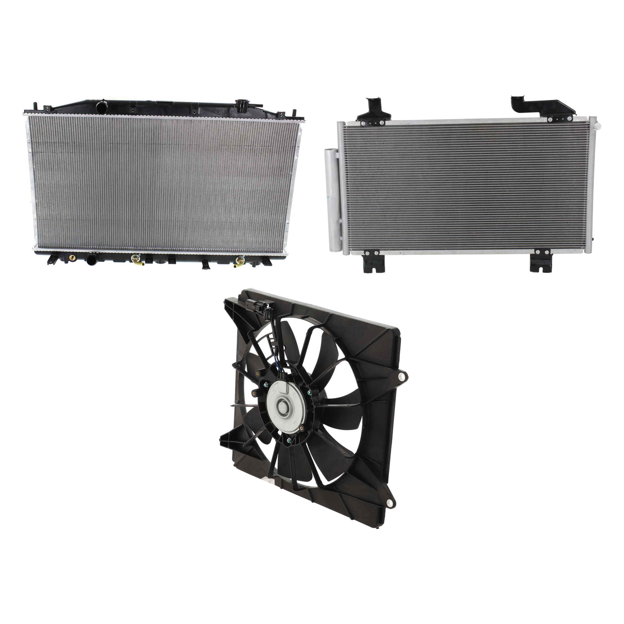 AM TSX 09-14 A C CONDENSER RADIATOR COOLING FAN KIT 3 pc kit 2.4L Eng. 4 Cyl. SKU KIT 071324-48 Partslink AC3030125 HO3113123 AC3010145 AC3010149 OEM 80100TL2A01-38616R40A01 PFM 38