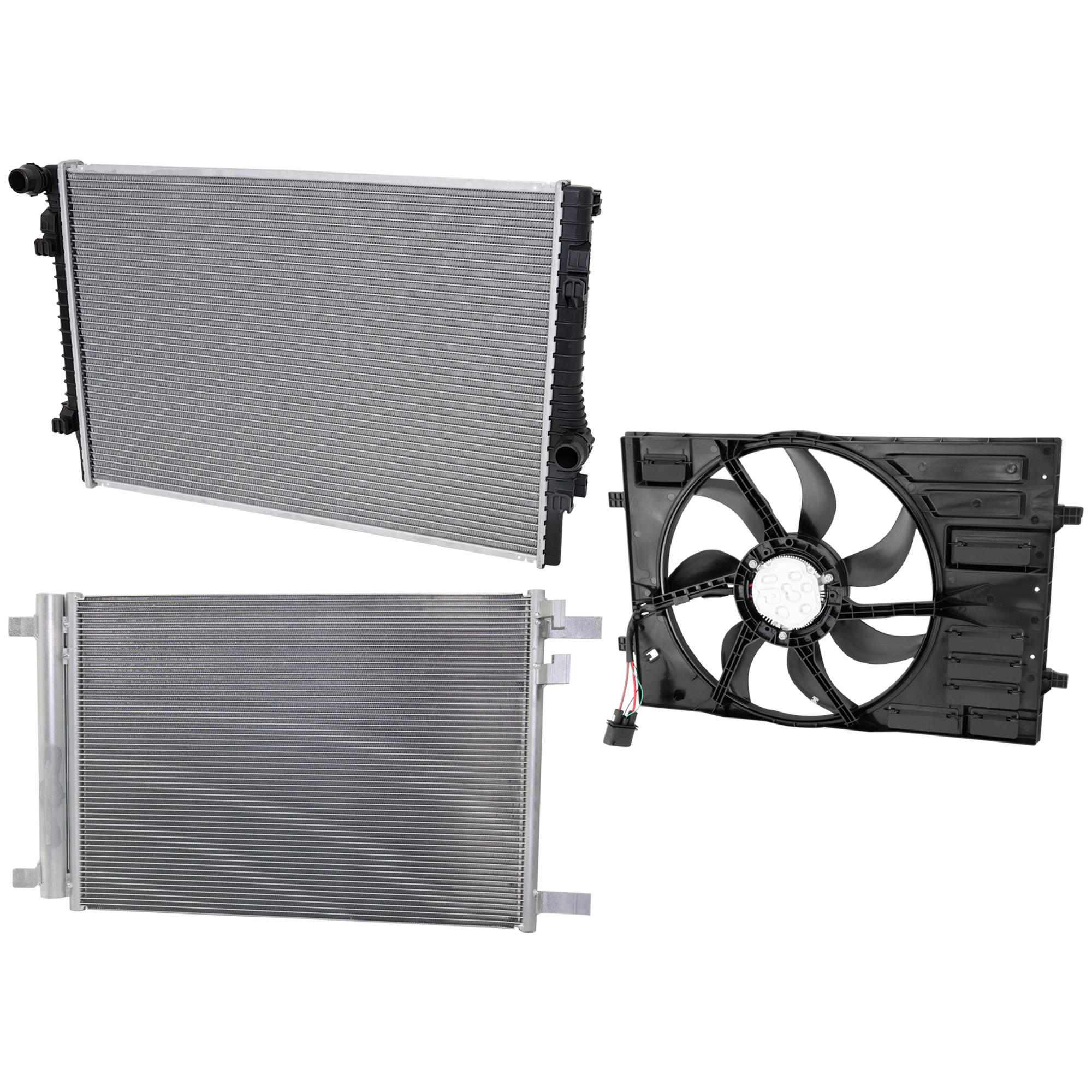 AM A3-15-20 TT QUATTRO 16-18 A C CONDENSER RADIATOR COOLING FAN KIT 3 pc kit 2.0L Eng. 4 Cyl. A3-15-16-1.8L Eng. SKU KIT 071324-64 Partslink AU3030137 AU3115116 VW3010166 OEM 5Q0816411BF 5Q0121203DE 5WA121